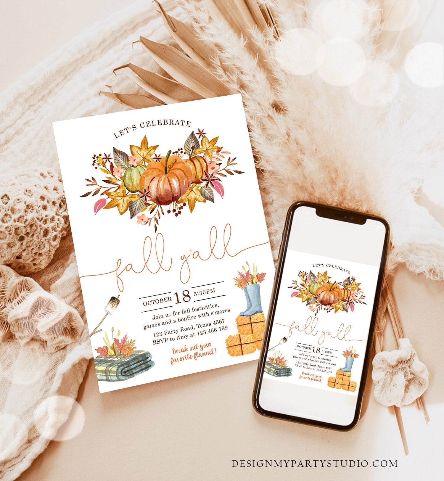 Editable Fall Y'all Party Invitation Fall Festival Party Backyard Bonfire Neighborhood All Things Fall Harvest Fall Fest Template Corjl 0488