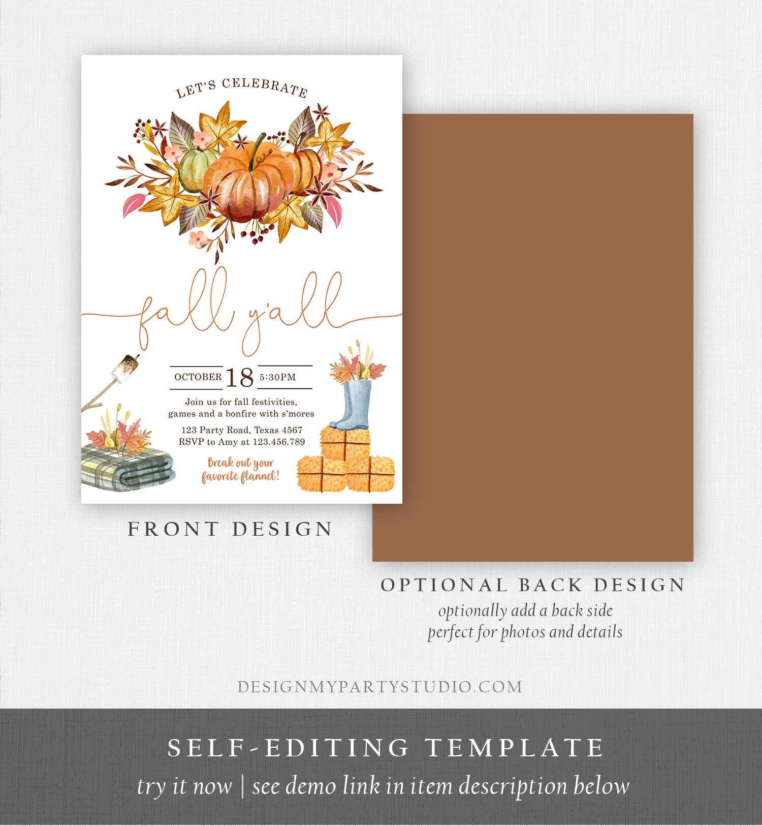 Editable Fall Y'all Party Invitation Fall Festival Party Backyard Bonfire Neighborhood All Things Fall Harvest Fall Fest Template Corjl 0488