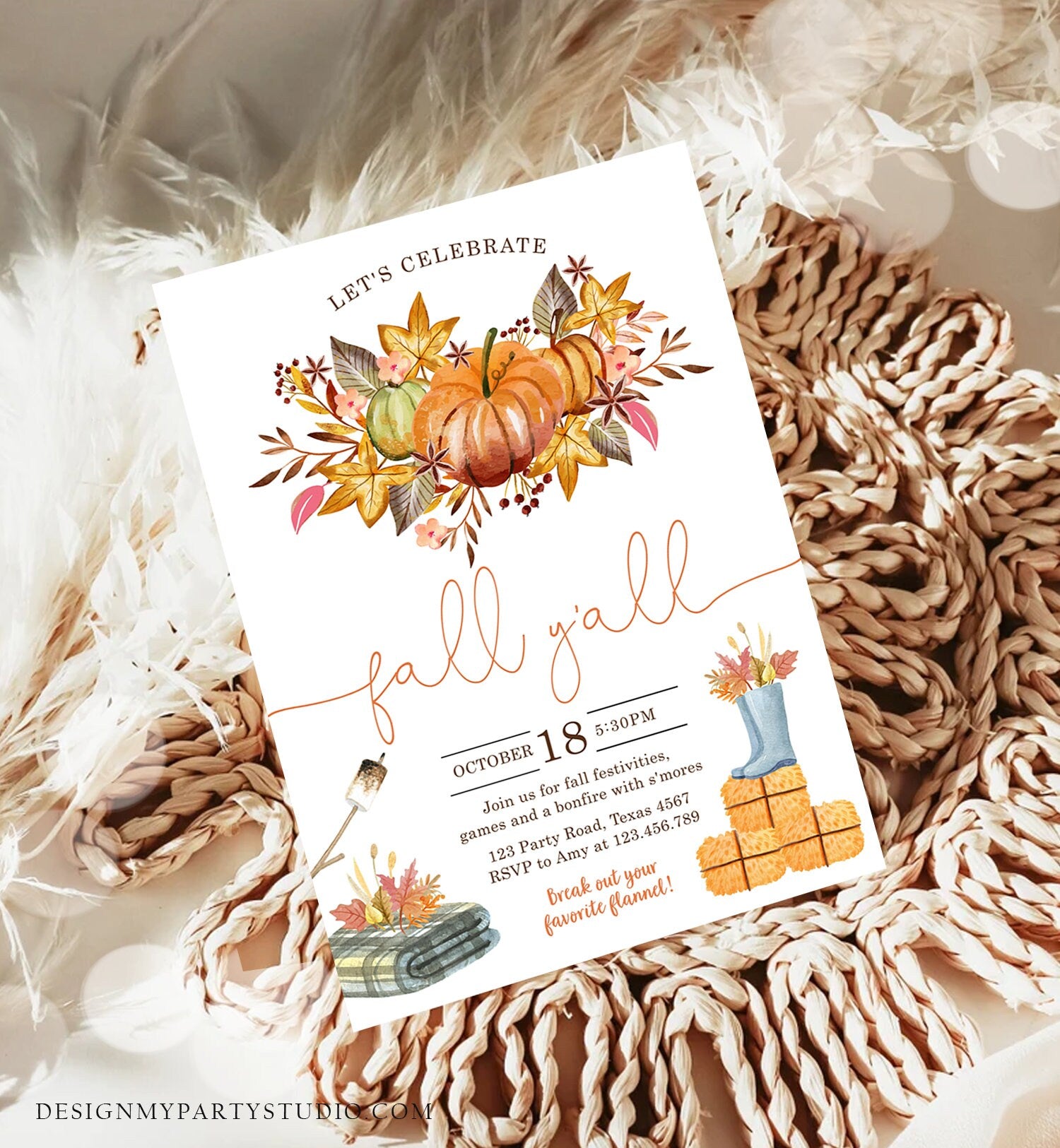 Editable Fall Y'all Party Invitation Fall Festival Party Backyard Bonfire Neighborhood All Things Fall Harvest Fall Fest Template Corjl 0488