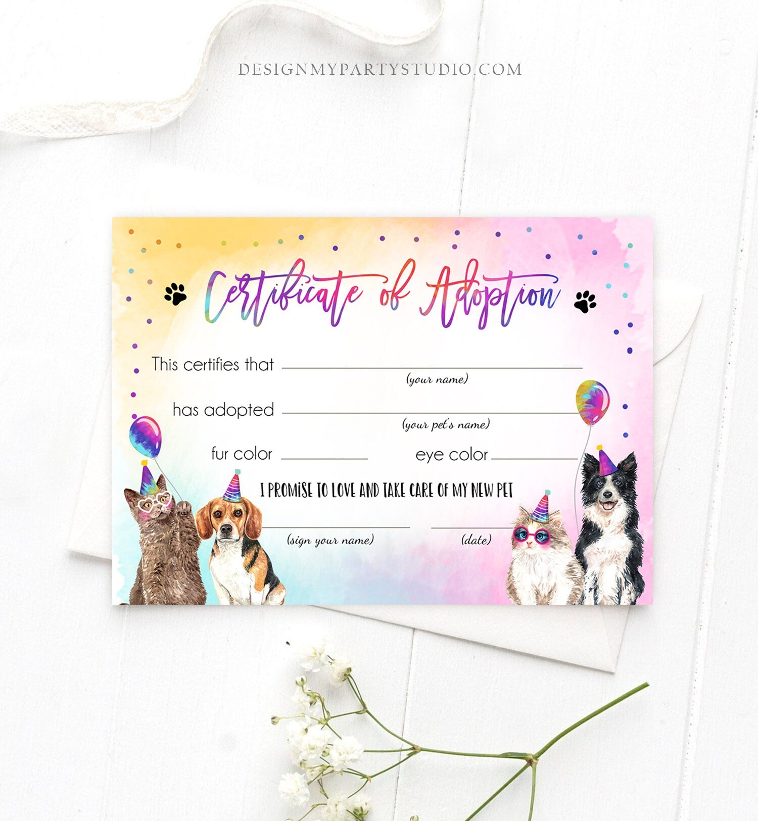 Pet Adoption Certificate Cats and Dogs Birthday Party Adopt A Pet Girl Pawty Kitten Dog Adoption Puppy Party Download Digital PRINTABLE 0460