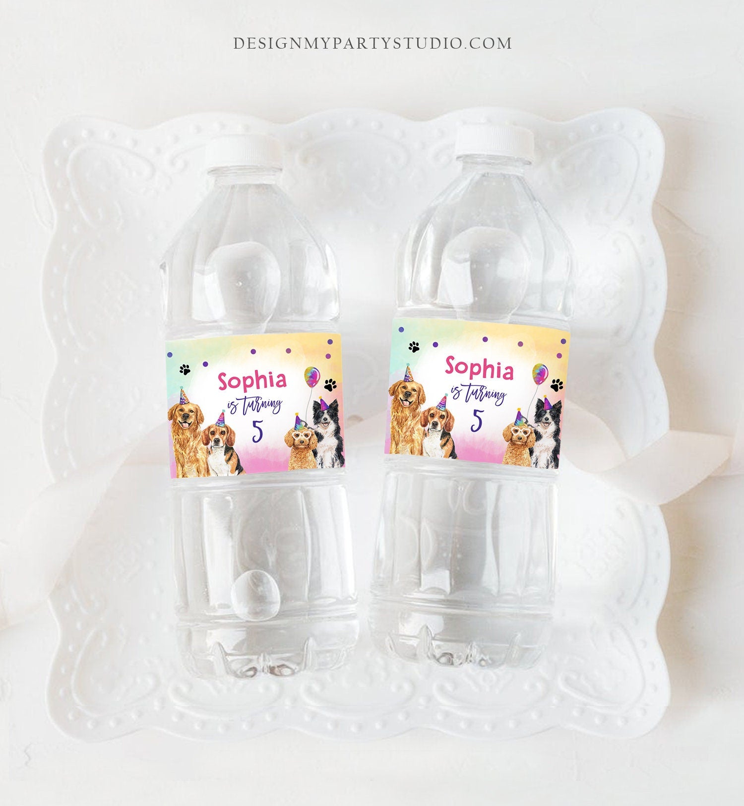 Editable Dog Water Bottle Labels Dog Birthday Puppy Party Doggy Pet Vet Pawty Birthday Decor Girl Printable Bottle Wrap Template Corjl 0460