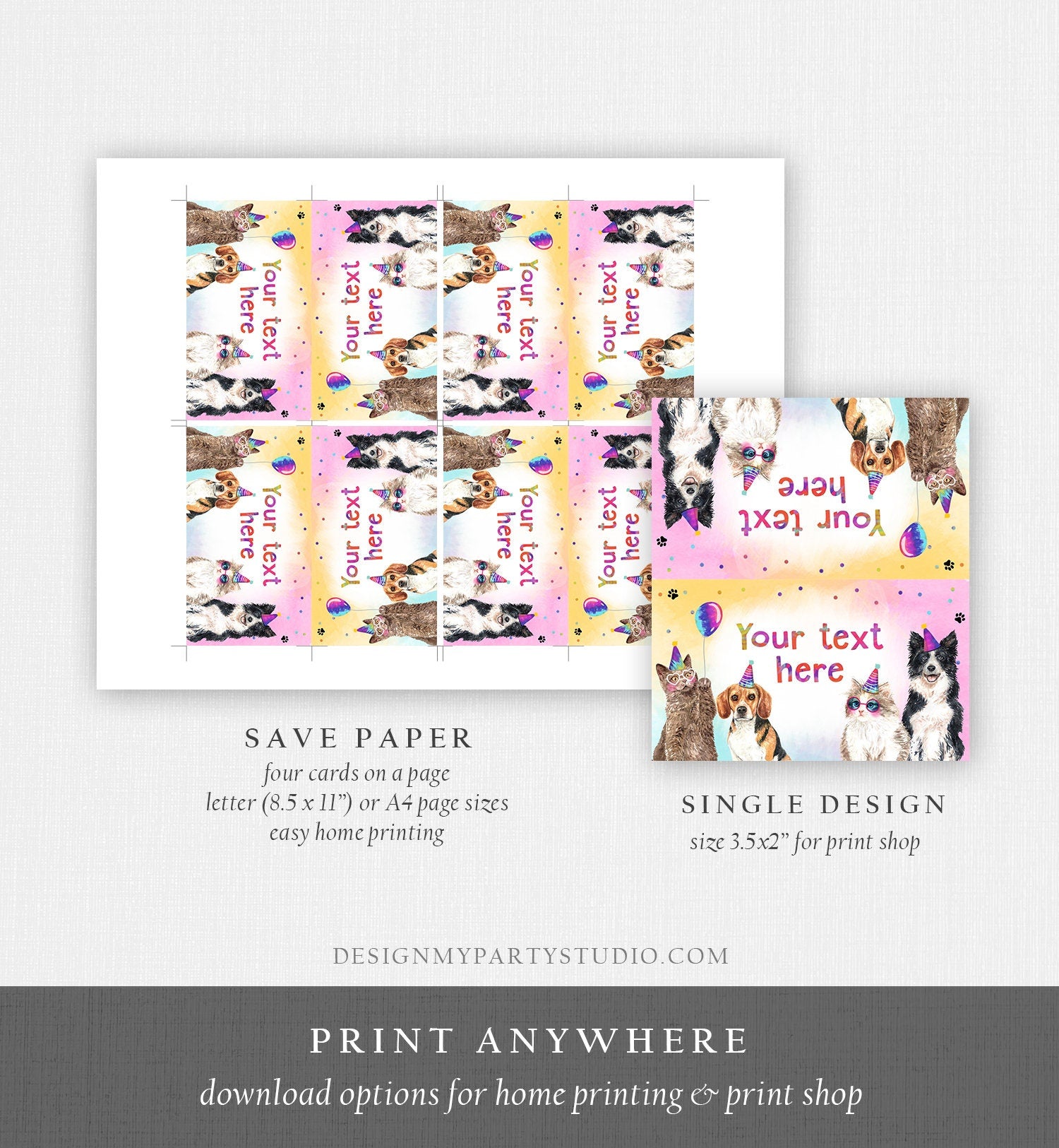 Editable Cats and Dogs Food Labels Kitten Birthday Place Card Tent Card Puppy Dog Pawty Pet Party Animals Girl Printable Template Corjl 0460