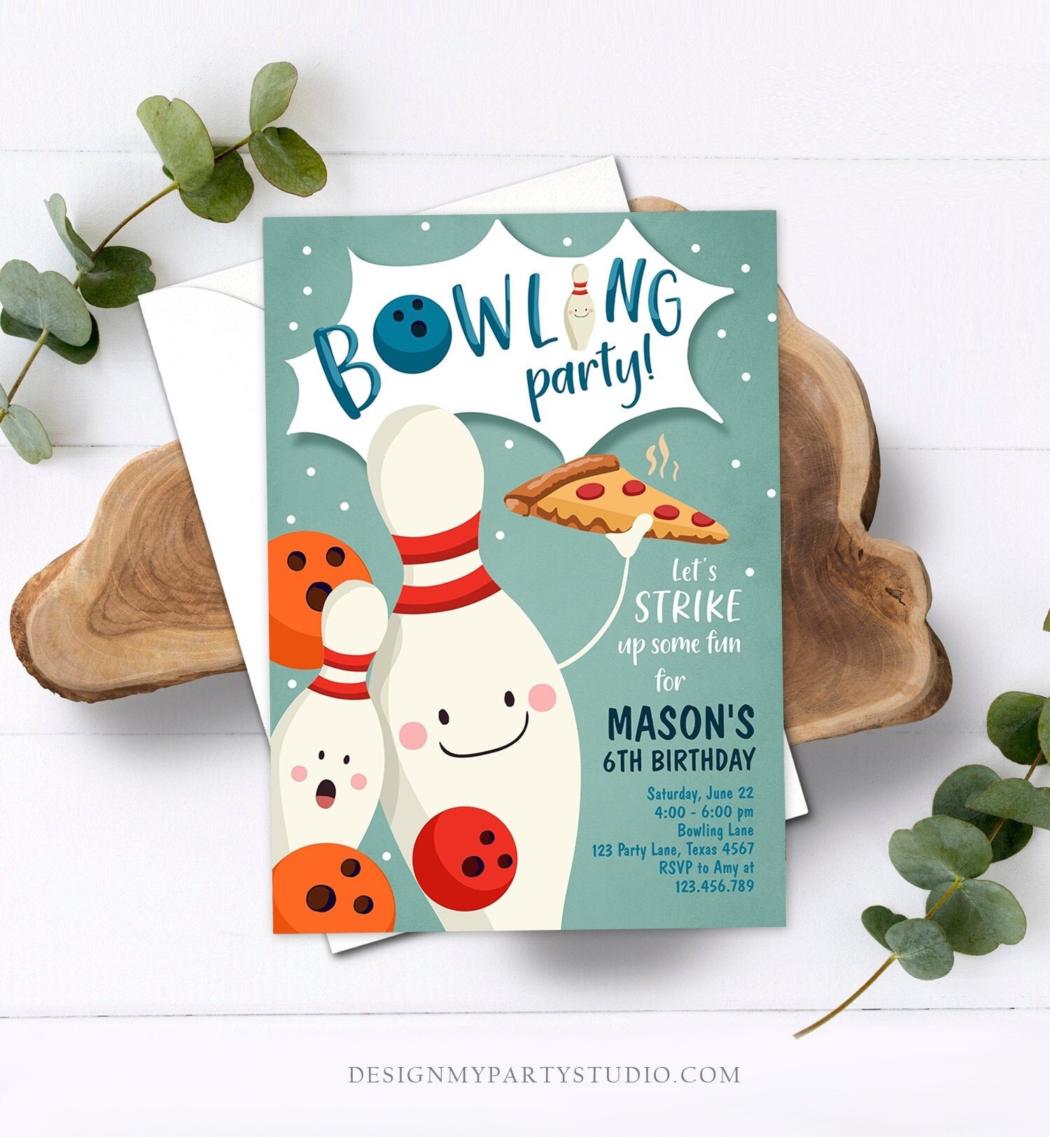 Editable Bowling Birthday Invitation Strike Up Some Fun Boy Bowling Party Pizza Blue Orange Instant Download Printable Template Corjl 0324