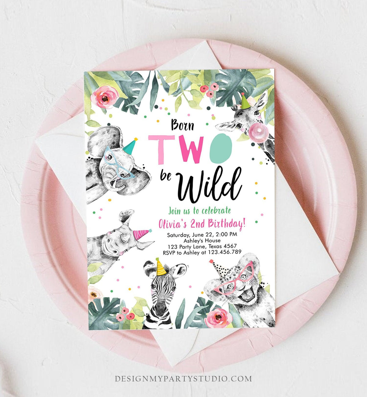 Editable Born Two Be Wild Birthday Invitation Girl Two Party Animals Pink Gold Safari Zoo Second Birthday 2nd Template Corjl Printable 0322