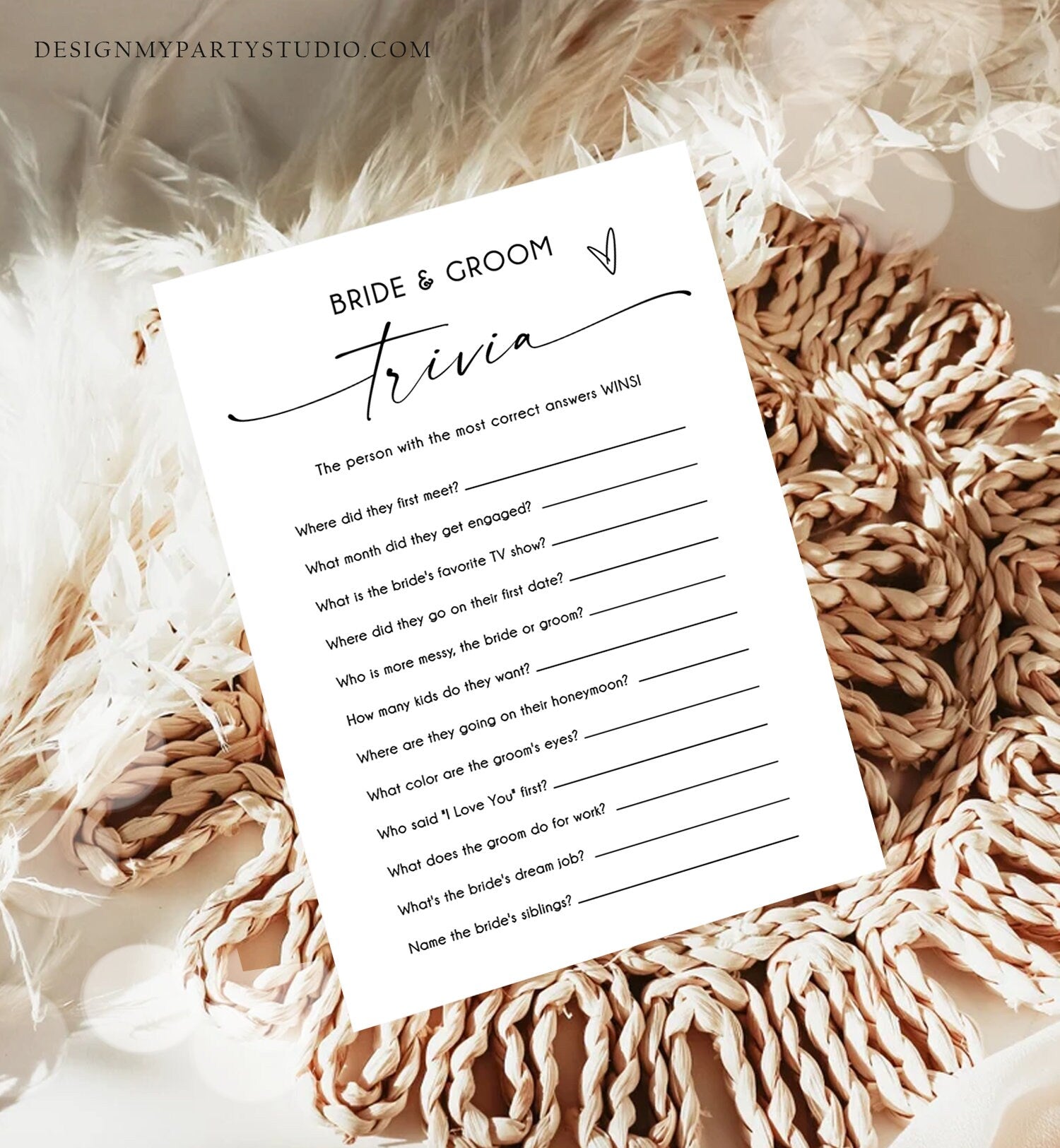 Editable Bride and Groom Trivia Bridal Shower Game Minimalist Modern Wedding Activity Questions Corjl Template Printable 0493