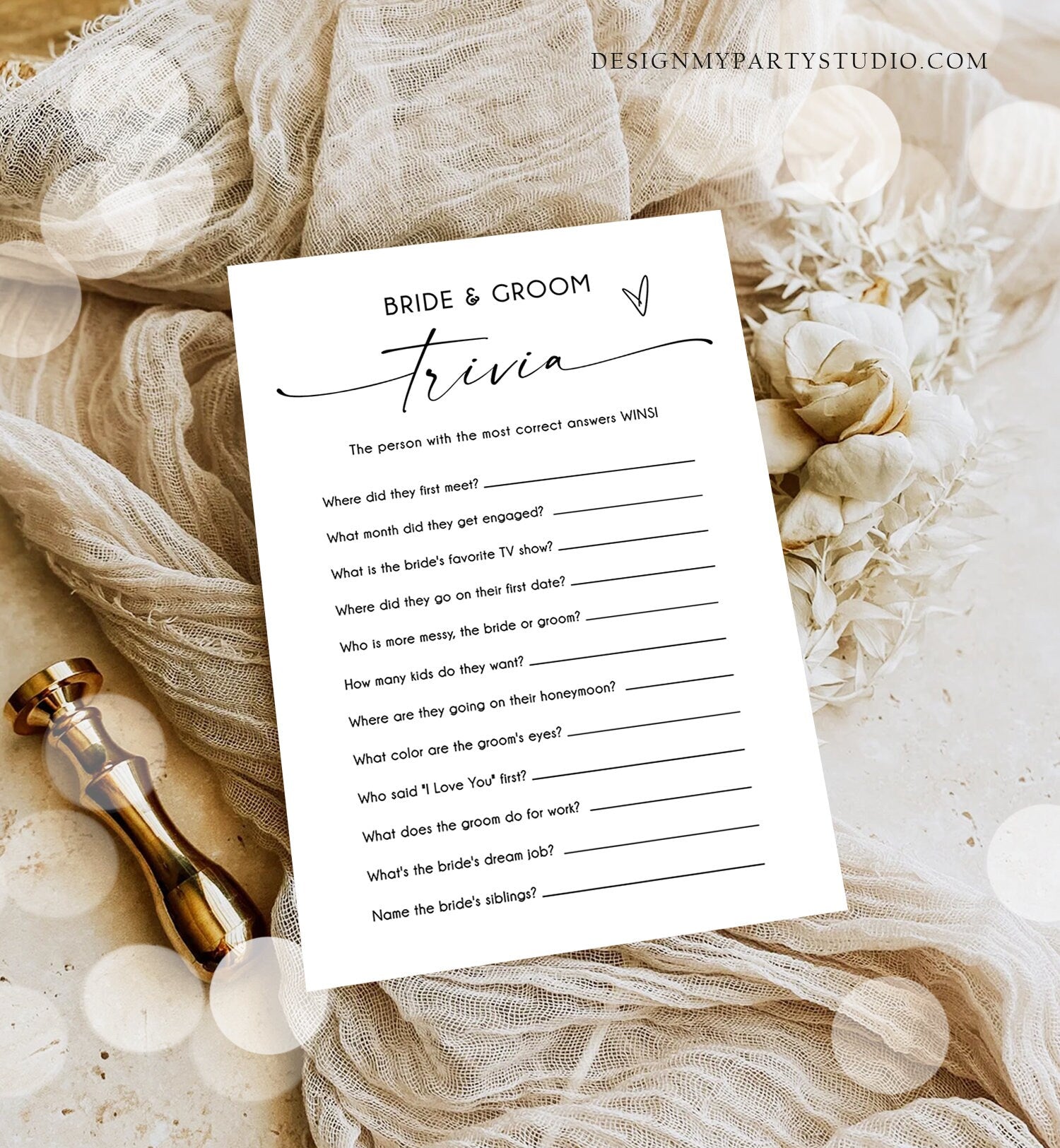 Editable Bride and Groom Trivia Bridal Shower Game Minimalist Modern Wedding Activity Questions Corjl Template Printable 0493