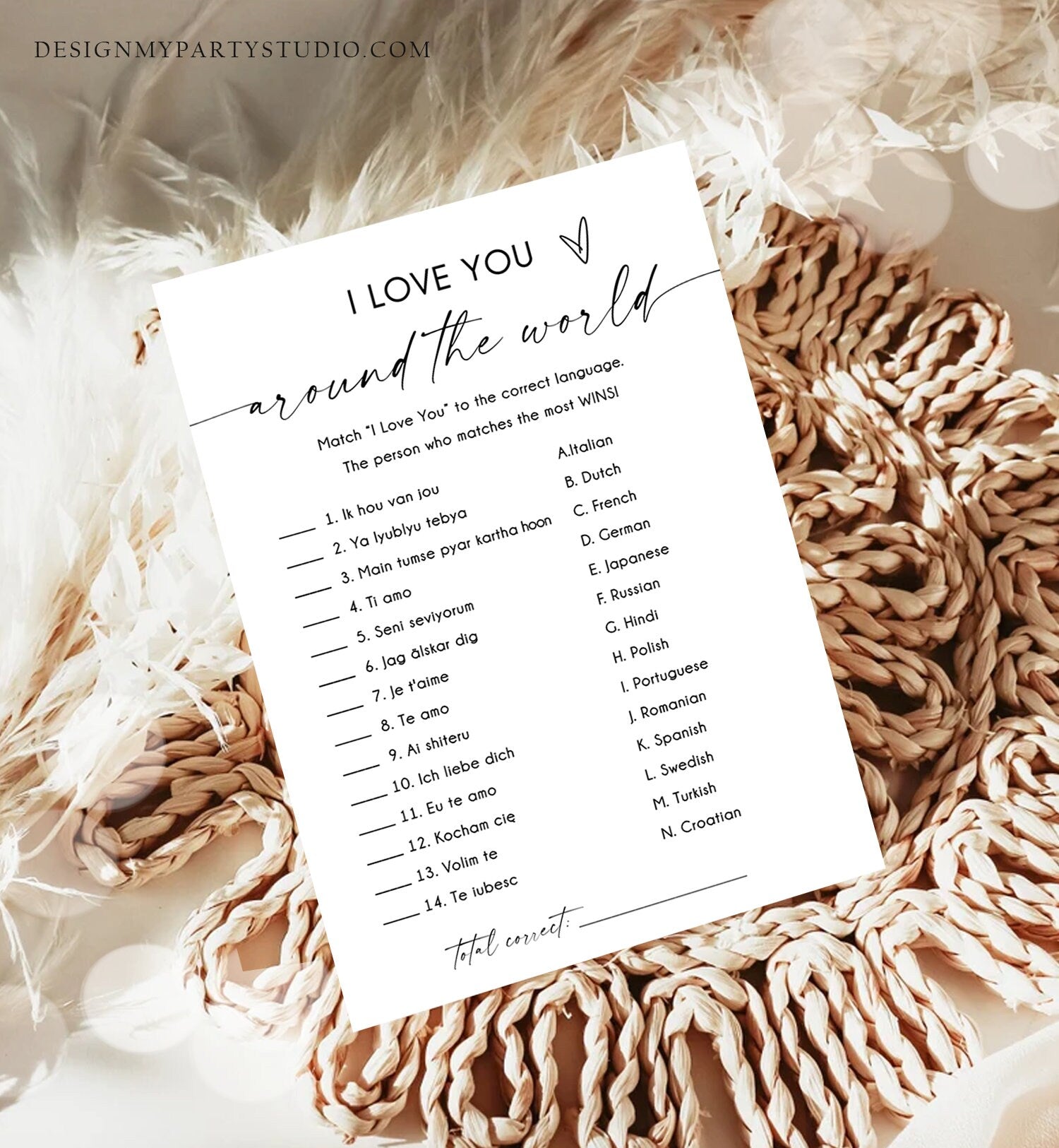 Editable I Love You Around the World Bridal Shower Game Minimalist Modern Wedding Activity Questions Corjl Template Printable 0493