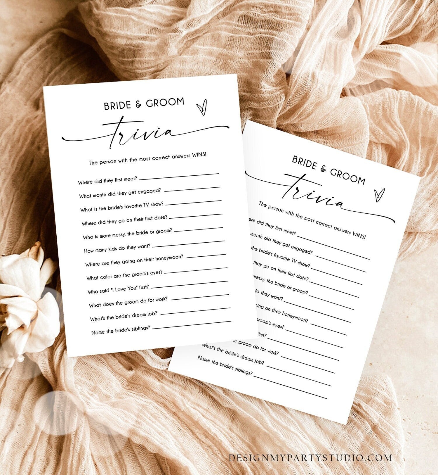 Editable Bride and Groom Trivia Bridal Shower Game Minimalist Modern Wedding Activity Questions Corjl Template Printable 0493