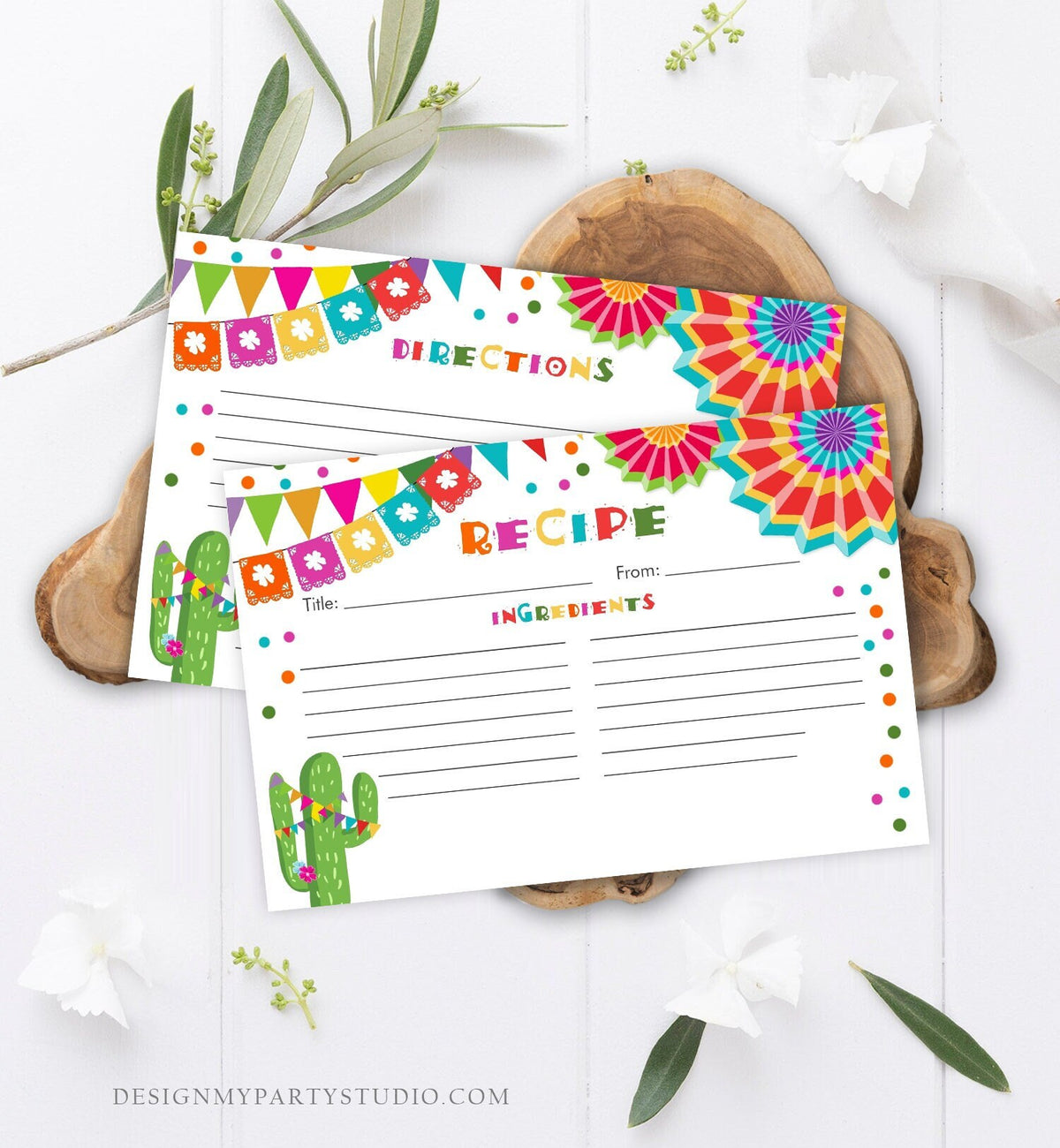 Editable Fiesta Cactus Recipe Cards Fiesta Bridal Shower Baby Succulent Mexican Double Sided 4x6 Download Corjl Template Printable 0045