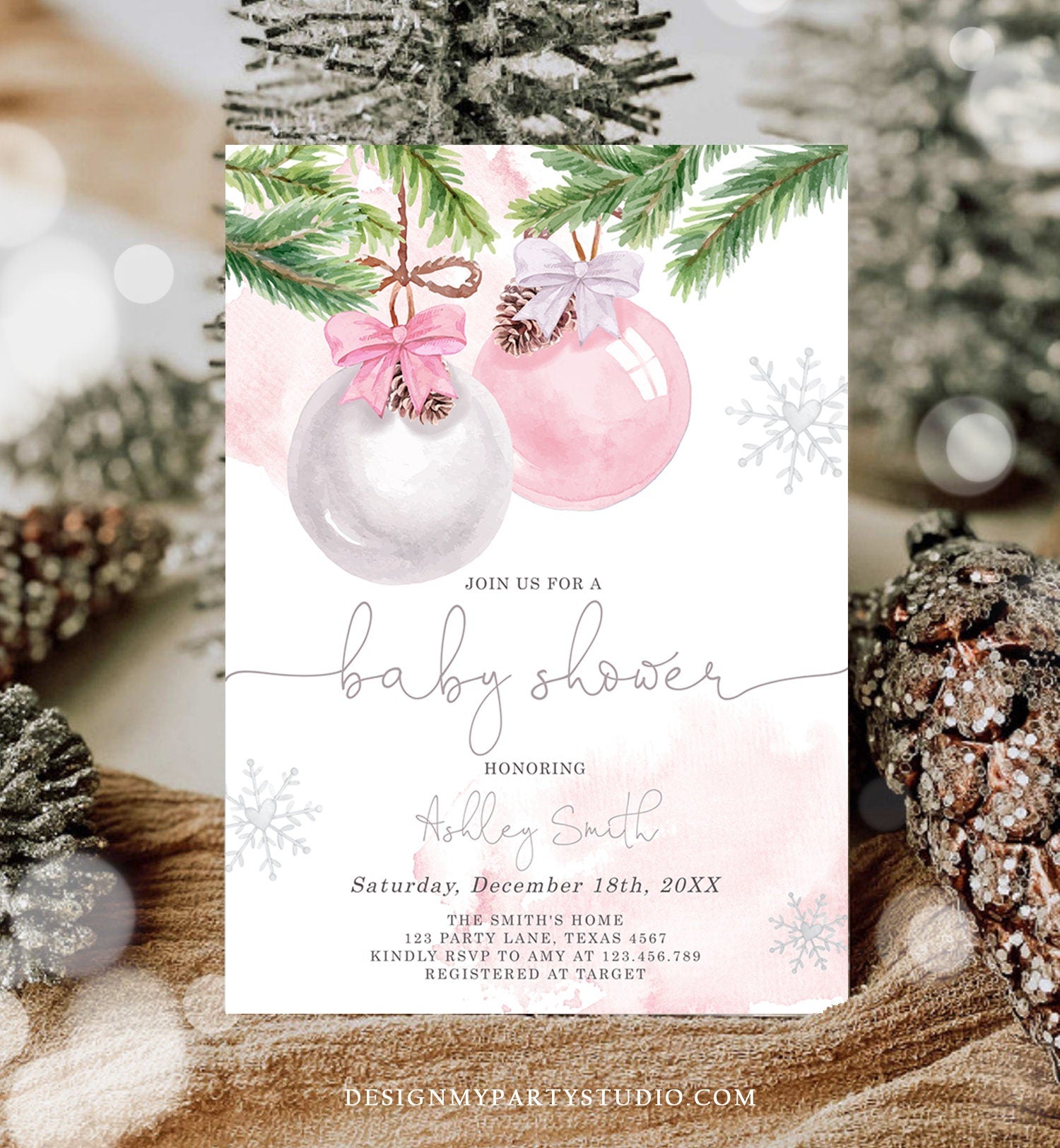 Editable Winter Baby Shower Invitation Baby It's Cold Outside Christmas Baby Shower Girl Blush Pink Watercolor Template Download Corjl 0490