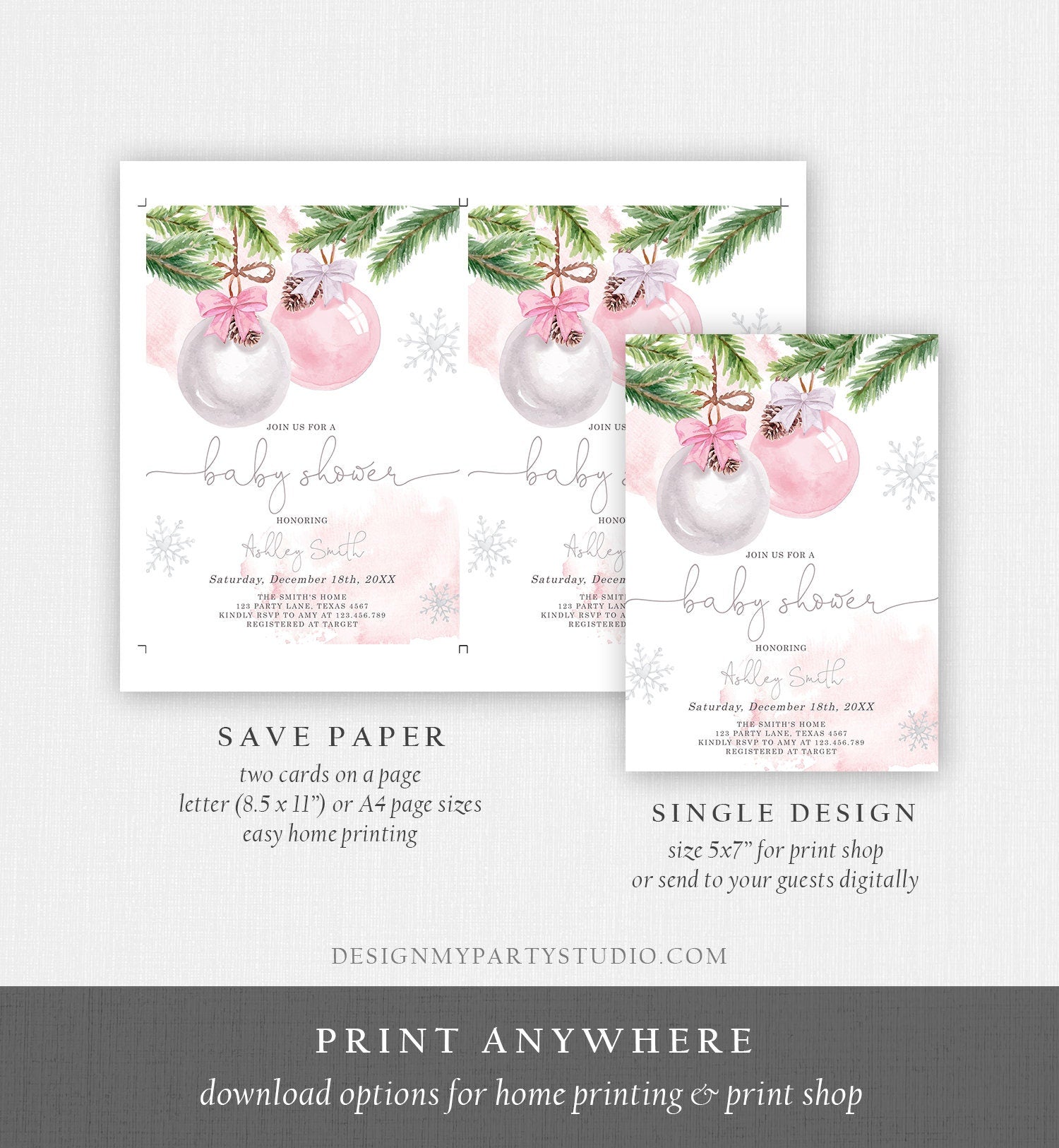 Editable Winter Baby Shower Invitation Baby It's Cold Outside Christmas Baby Shower Girl Blush Pink Watercolor Template Download Corjl 0490