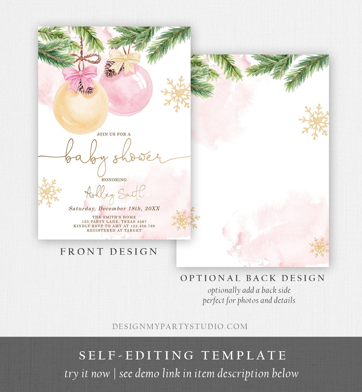 Editable Winter Baby Shower Invitation Baby It's Cold Outside Christmas Baby Shower Girl Blush Pink Watercolor Template Download Corjl 0490