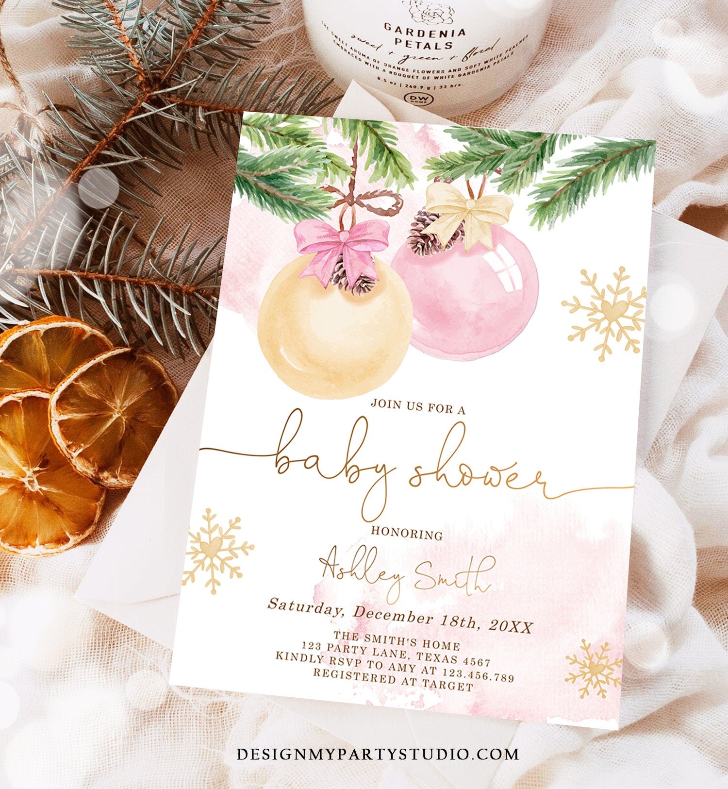 Editable Winter Baby Shower Invitation Baby It's Cold Outside Christmas Baby Shower Girl Blush Pink Watercolor Template Download Corjl 0490