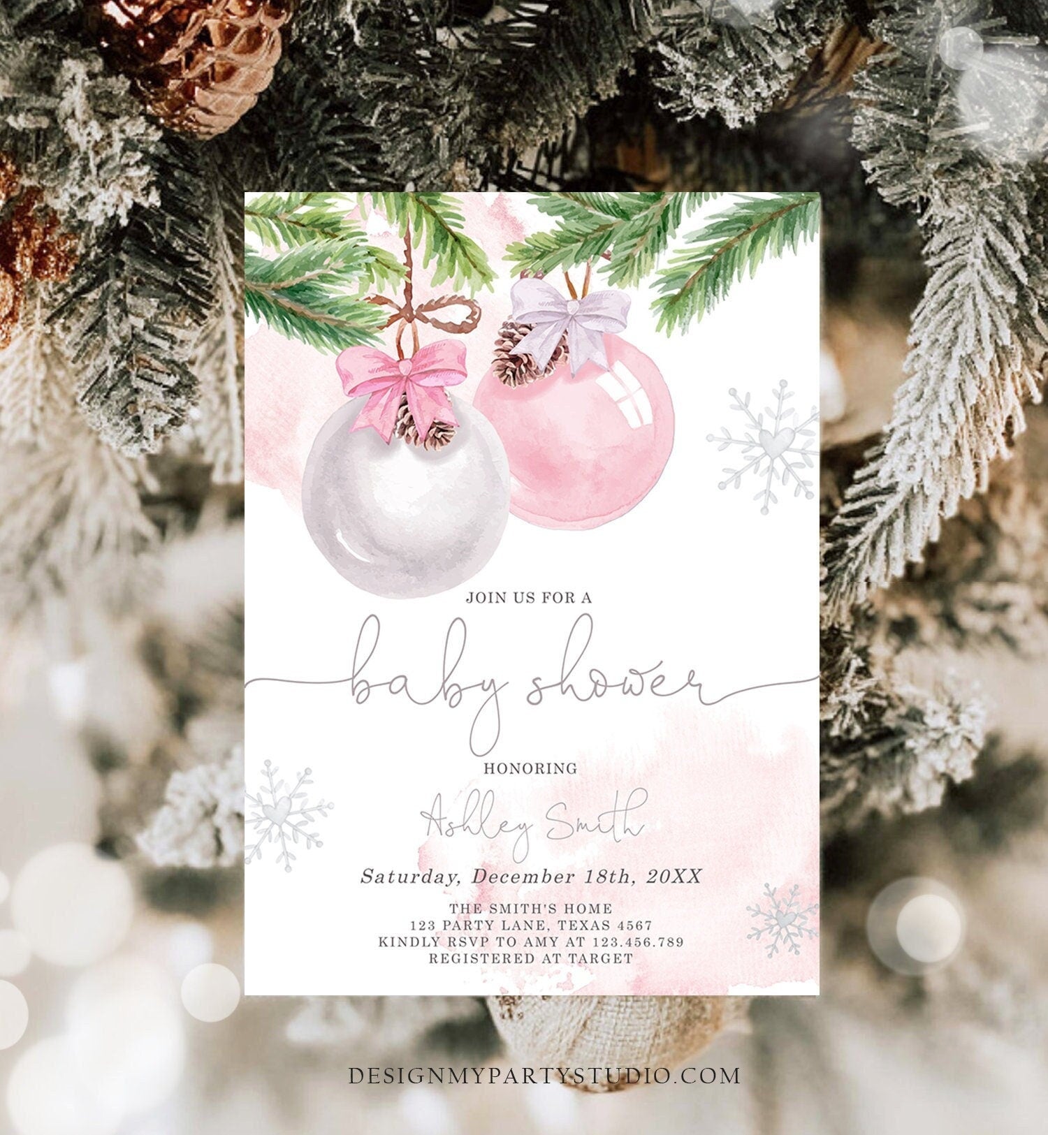 Editable Winter Baby Shower Invitation Baby It's Cold Outside Christmas Baby Shower Girl Blush Pink Watercolor Template Download Corjl 0490