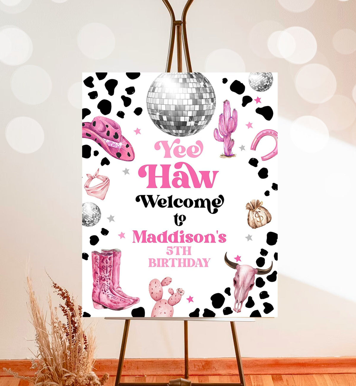 Editable Space Cowgirl Welcome Sign Disco Cowgirl Birthday Door Sign Wild West Rodeo Party Sign Poster Pink Template PRINTABLE Corjl 0455