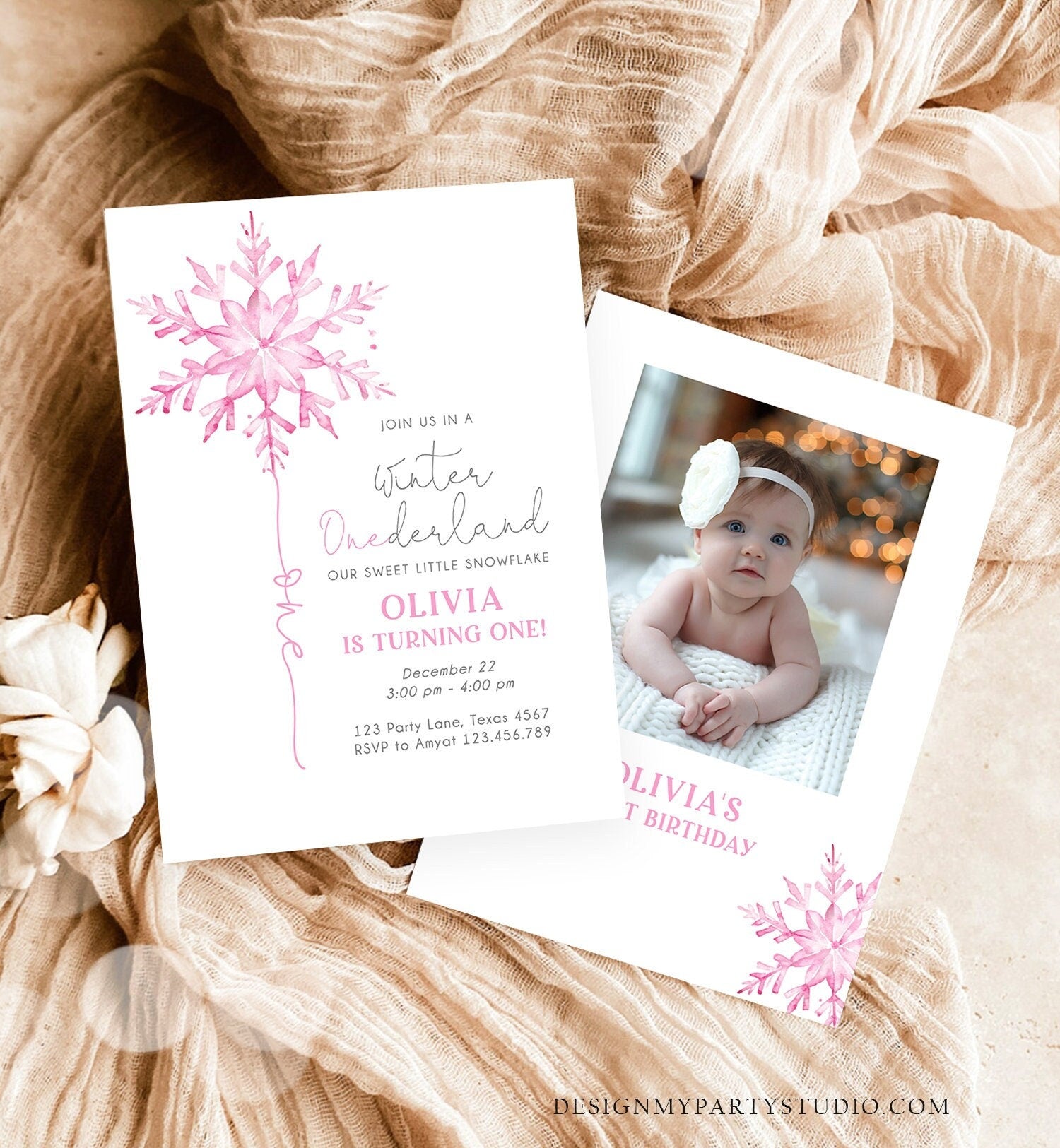 Editable Winter ONEderland Birthday Invitation First Birthday 1st Girl Pink Snowflake Watercolor Christmas Minimalist Corjl Template 0494