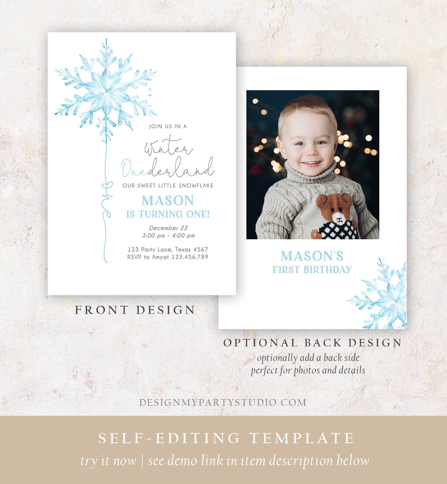 Editable Winter ONEderland Birthday Invitation First Birthday 1st Boy Blue Snowflake Watercolor Wonderland Minimalist Corjl Template 0494