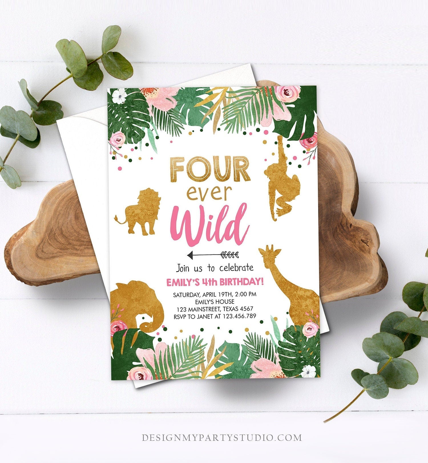 Editable Four ever Wild Birthday Invitation Safari Animals Jungle Zoo Gold Girl Pink 4th Birthday Party Animals Printable Template 0016