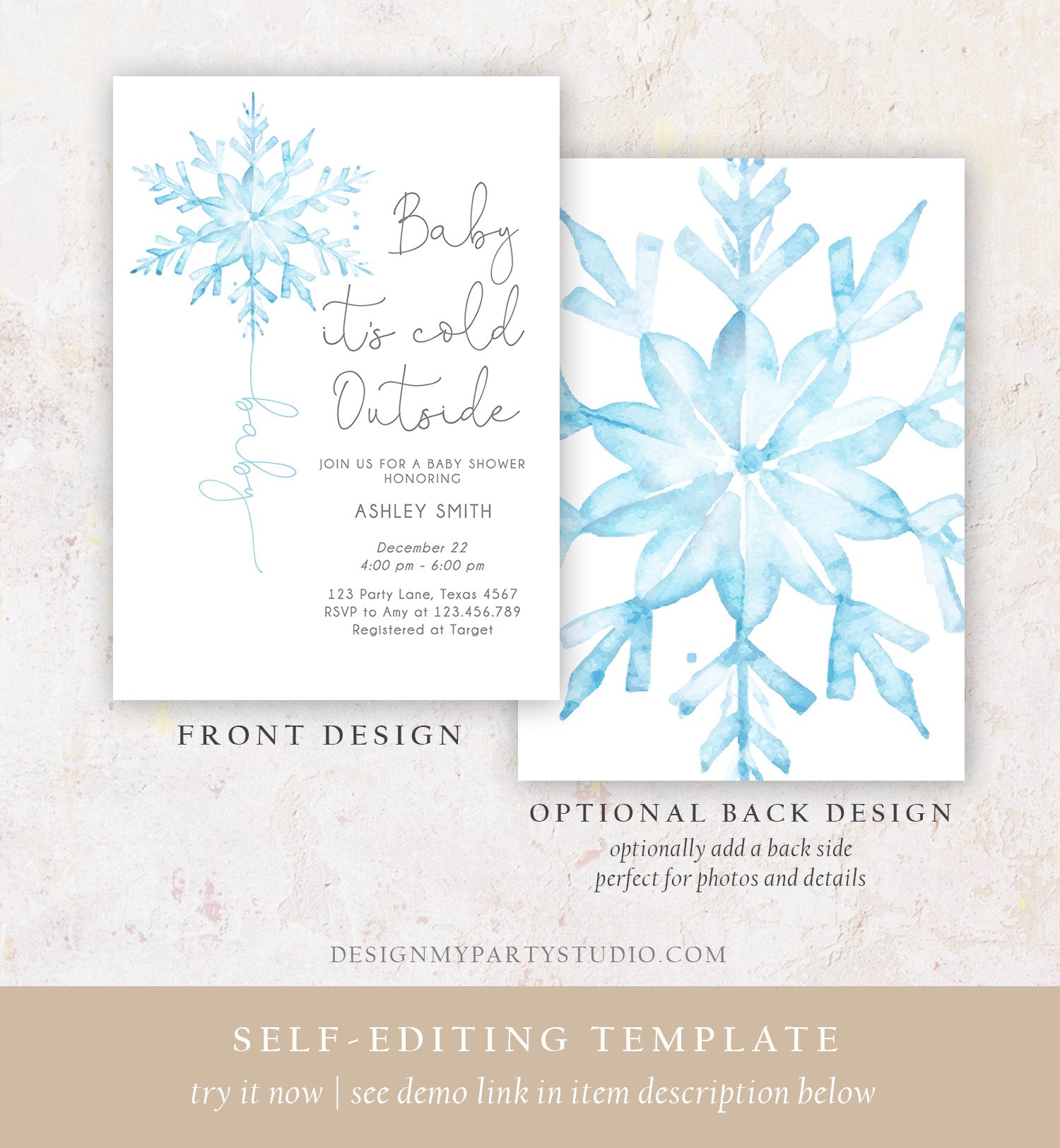 Editable Baby Its Cold Outside Baby Shower Invitation Winter Baby Shower Boy Little Snowflake Watercolor Blue Template Download Corjl 0494