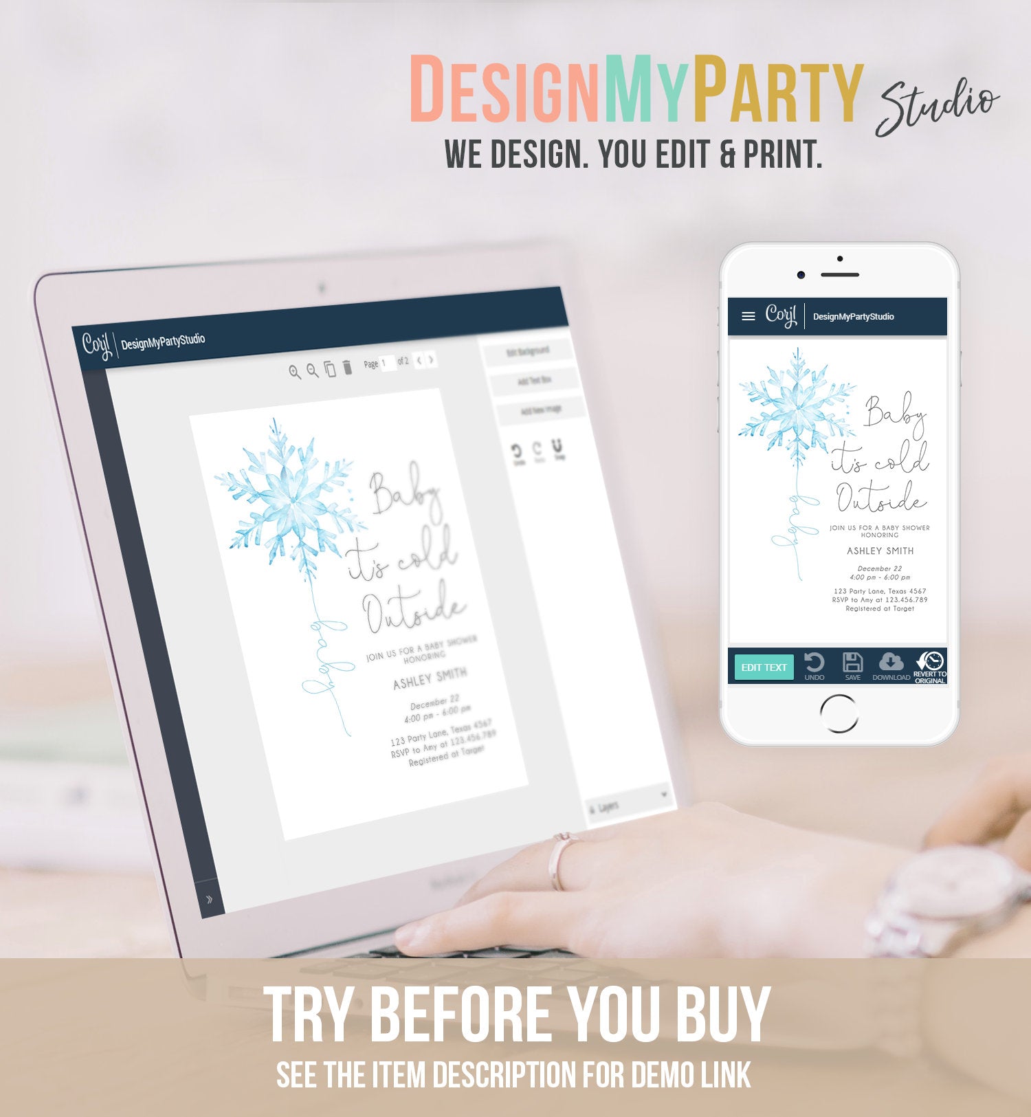 Editable Baby Its Cold Outside Baby Shower Invitation Winter Baby Shower Boy Little Snowflake Watercolor Blue Template Download Corjl 0494