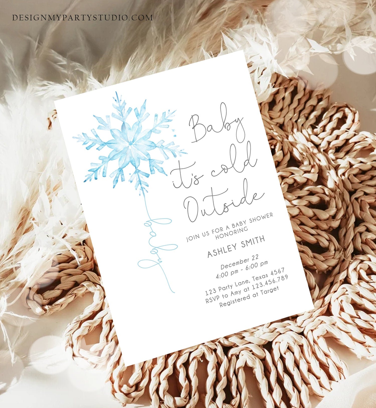 Editable Baby Its Cold Outside Baby Shower Invitation Winter Baby Shower Boy Little Snowflake Watercolor Blue Template Download Corjl 0494