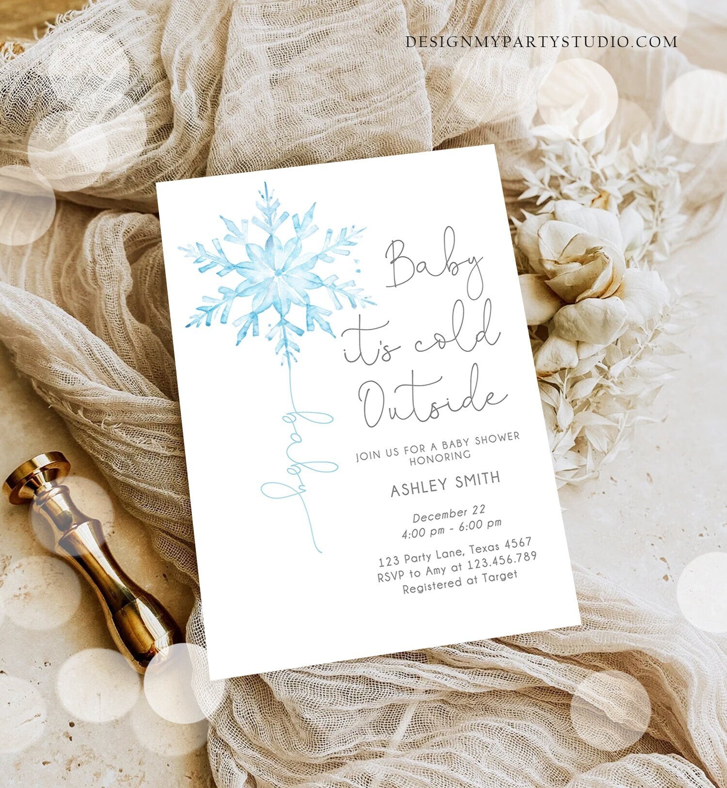 Editable Baby Its Cold Outside Baby Shower Invitation Winter Baby Shower Boy Little Snowflake Watercolor Blue Template Download Corjl 0494