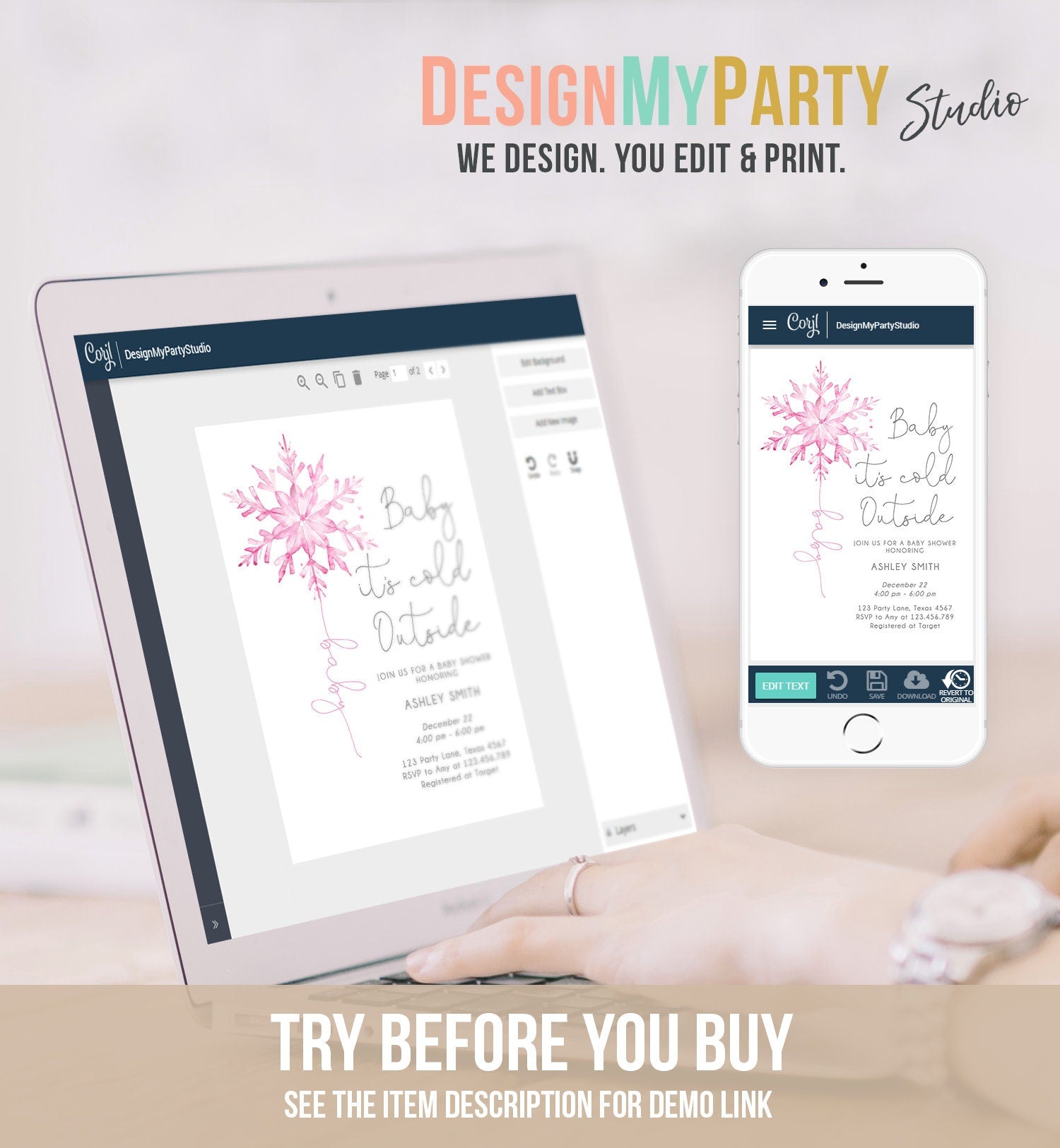 Editable Baby Its Cold Outside Baby Shower Invitation Winter Baby Shower Girl Blush Pink Snowflake Watercolor Template Download Corjl 0494