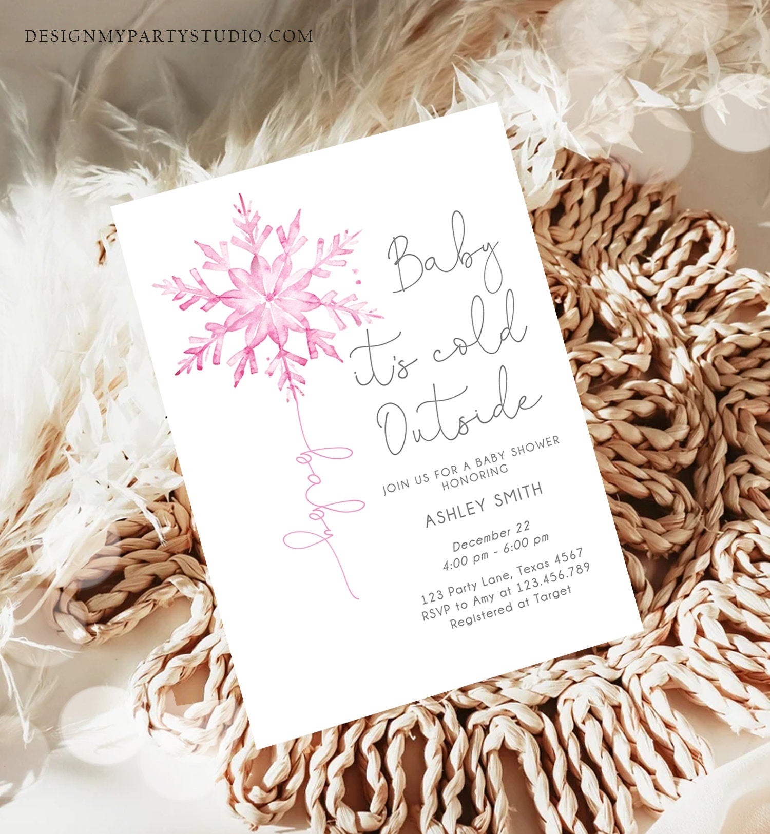 Editable Baby Its Cold Outside Baby Shower Invitation Winter Baby Shower Girl Blush Pink Snowflake Watercolor Template Download Corjl 0494