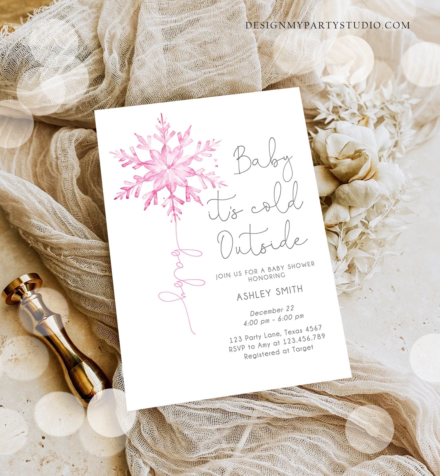 Editable Baby Its Cold Outside Baby Shower Invitation Winter Baby Shower Girl Blush Pink Snowflake Watercolor Template Download Corjl 0494