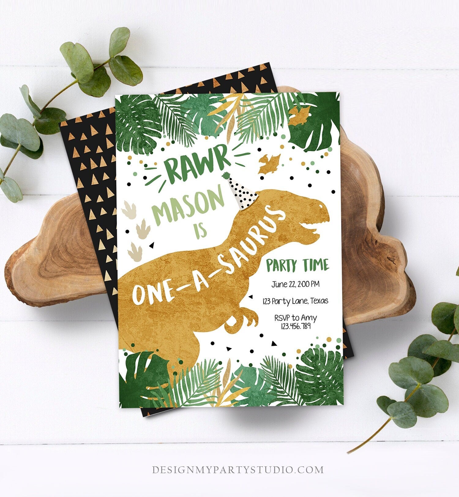 Editable One-A-Saurus Dinosaur Birthday Invitation Dino T-Rex Boy First Birthday 1st RAWR ROAR Green Gold Prehistoric Corjl Template 0146