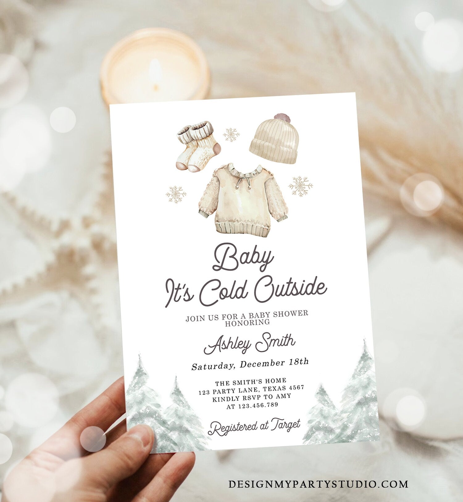 Editable Baby It's Cold Outside Invitation Winter Baby Shower Christmas Gender Neutral Baby Clothes Watercolor Template Download Corjl 0491