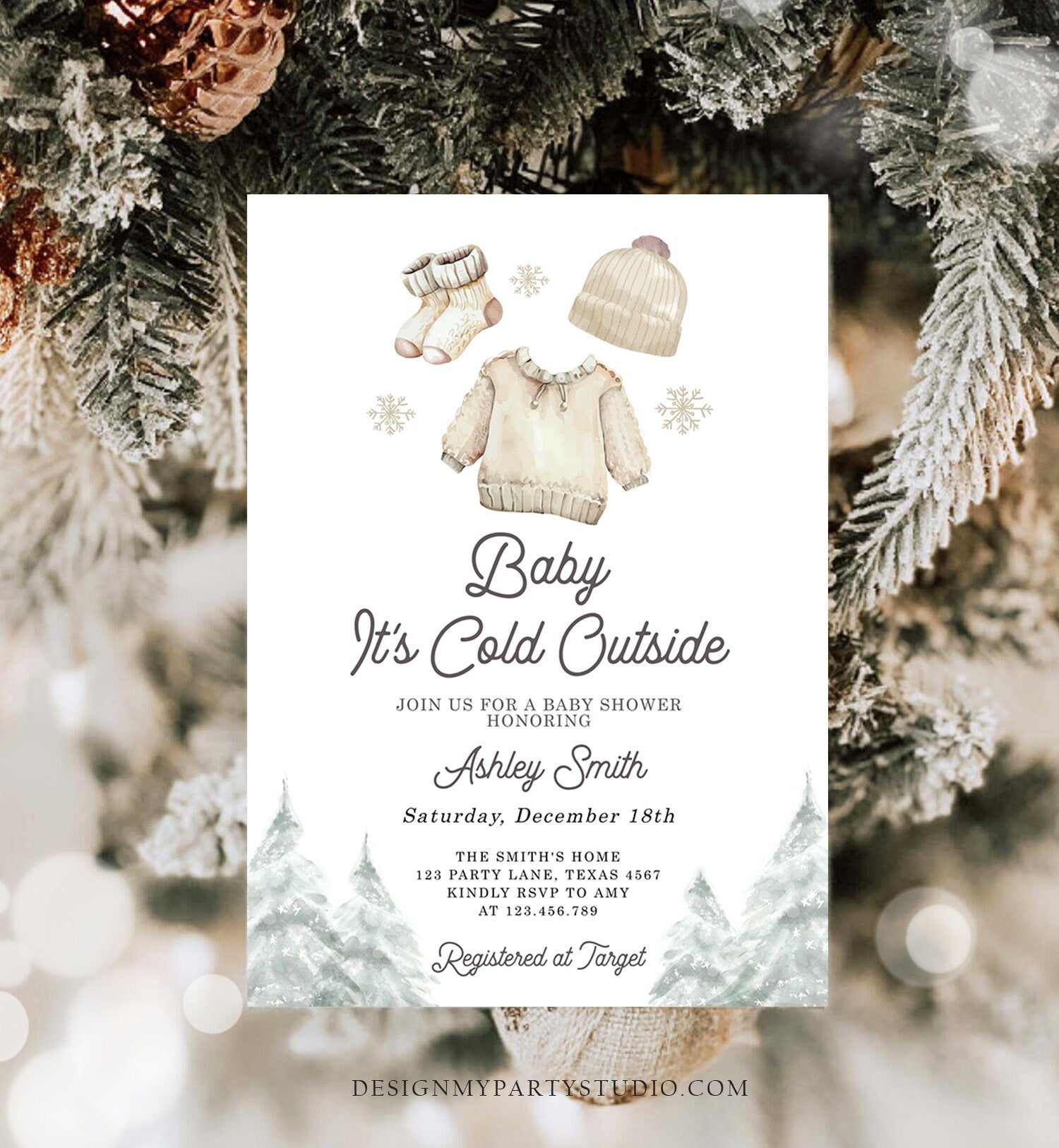 Editable Baby It's Cold Outside Invitation Winter Baby Shower Christmas Gender Neutral Baby Clothes Watercolor Template Download Corjl 0491