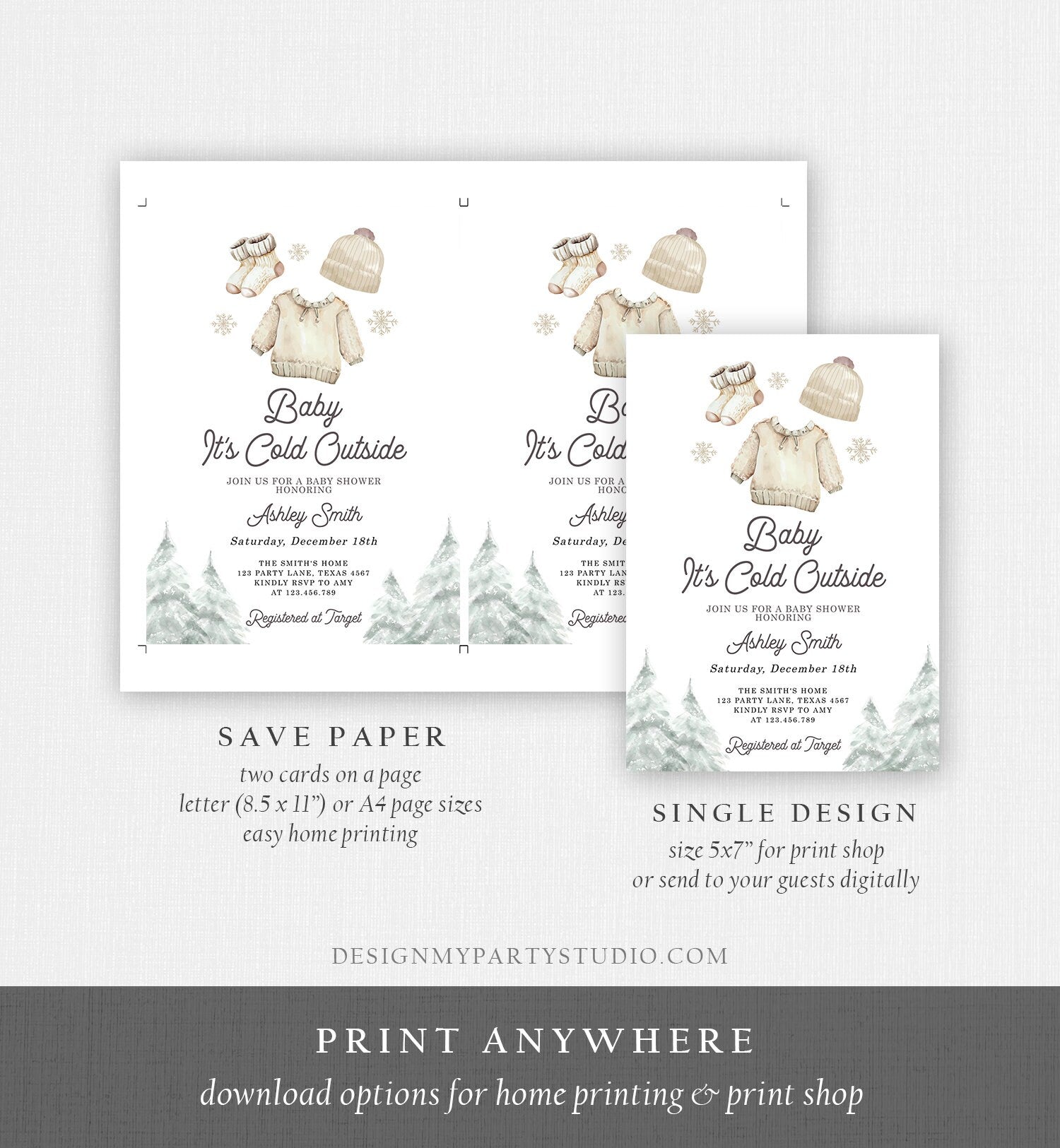 Editable Baby It's Cold Outside Invitation Winter Baby Shower Christmas Gender Neutral Baby Clothes Watercolor Template Download Corjl 0491