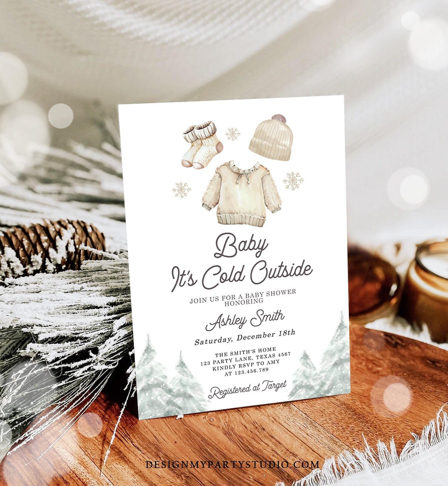 Editable Baby It's Cold Outside Invitation Winter Baby Shower Christmas Gender Neutral Baby Clothes Watercolor Template Download Corjl 0491