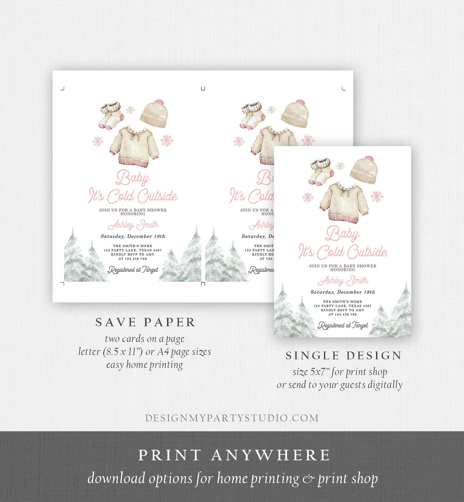 Editable Baby It's Cold Outside Invitation Winter Baby Shower Girl Christmas Pink Baby Clothes Watercolor Template Download Corjl 0491