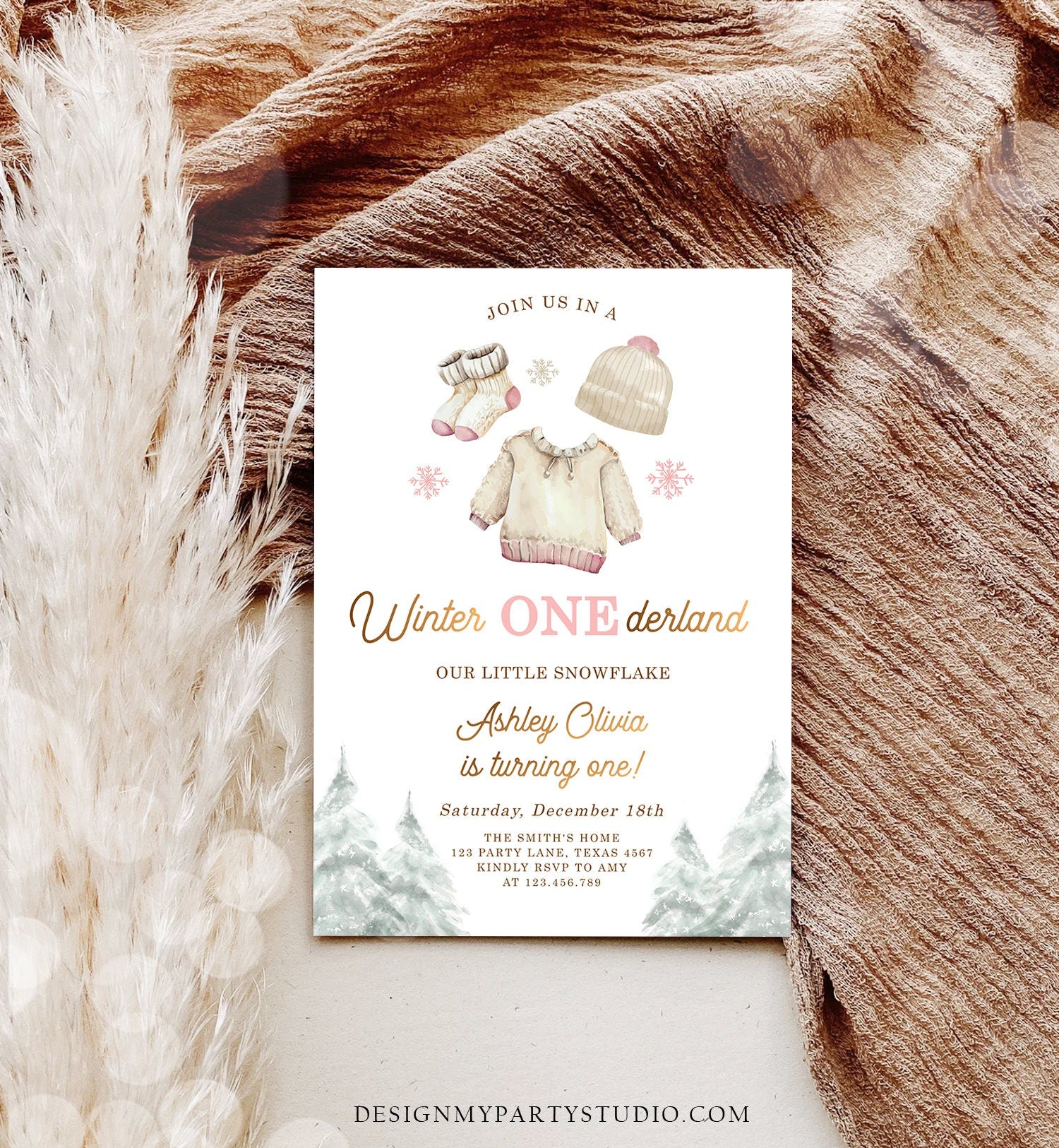 Editable Winter ONEderland Birthday Invitation First Birthday 1st Girl Pink Snow Watercolor Gold Christmas Snowflake Corjl Template 0491