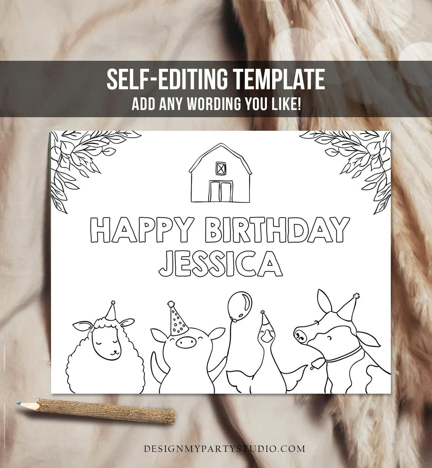 Editable Coloring Page Farm Animals Birthday Party Activity Game Farm Birthday Barnyard Birthday Digital Download PRINTABLE Corjl 0155