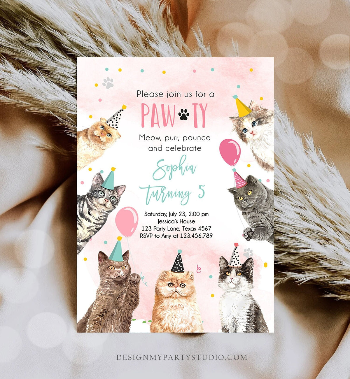 Editable Cat Birthday Party Invitation Kitten Birthday Invite Pink Girl Kitty Cat Invitation Pet Cute Download Printable Template Corjl 0384