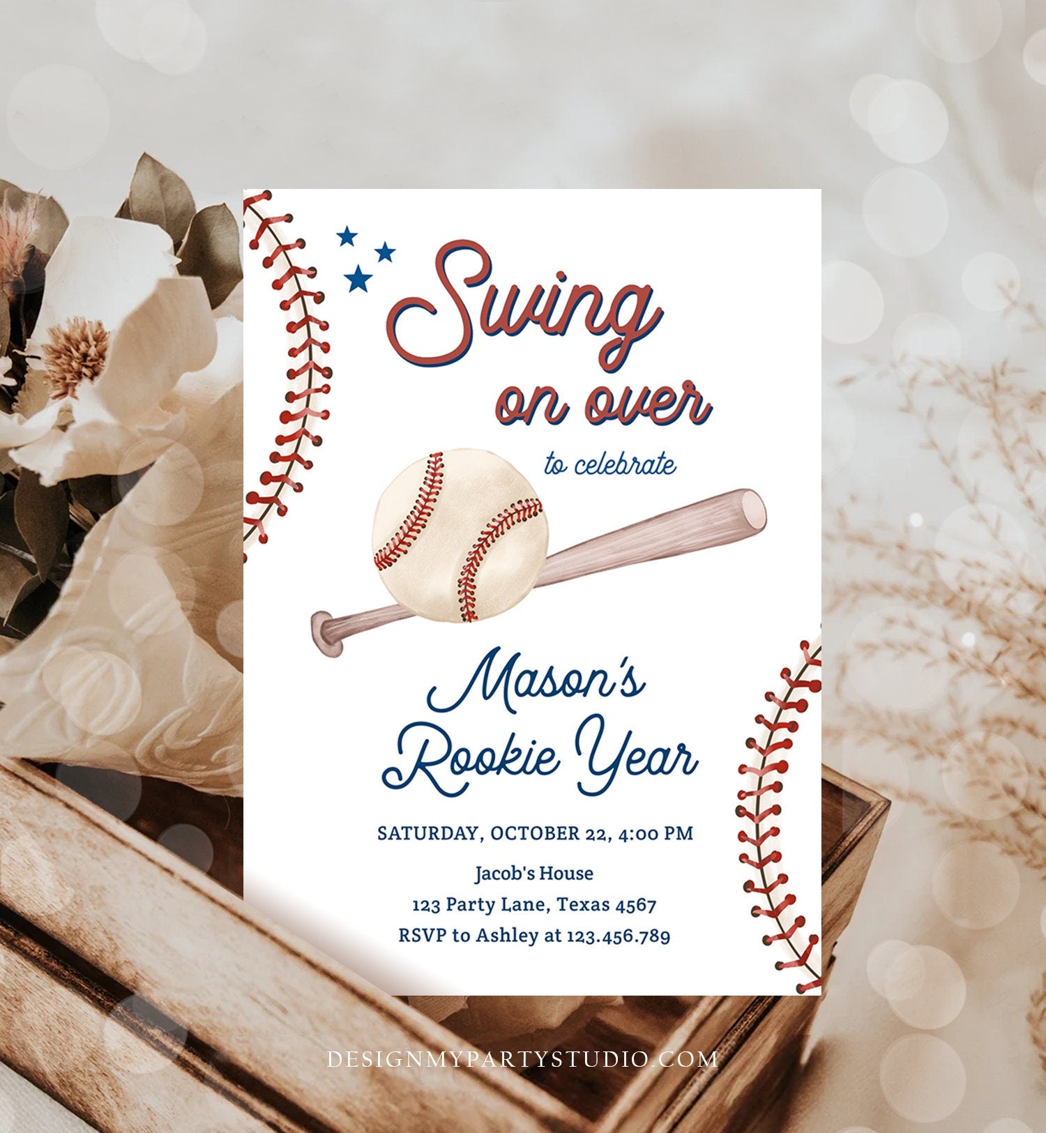 Editable Baseball First Birthday Invitation Rookie of The Year Invite Boy Birthday Little Slugger Swing Download Template Digital Corjl 0492