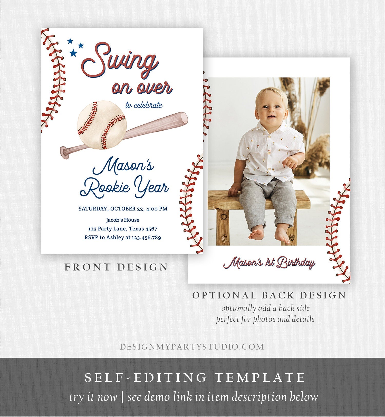 Editable Baseball First Birthday Invitation Rookie of The Year Invite Boy Birthday Little Slugger Swing Download Template Digital Corjl 0492