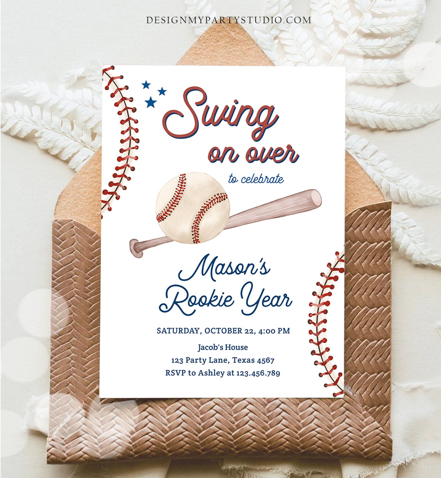 Editable Baseball First Birthday Invitation Rookie of The Year Invite Boy Birthday Little Slugger Swing Download Template Digital Corjl 0492