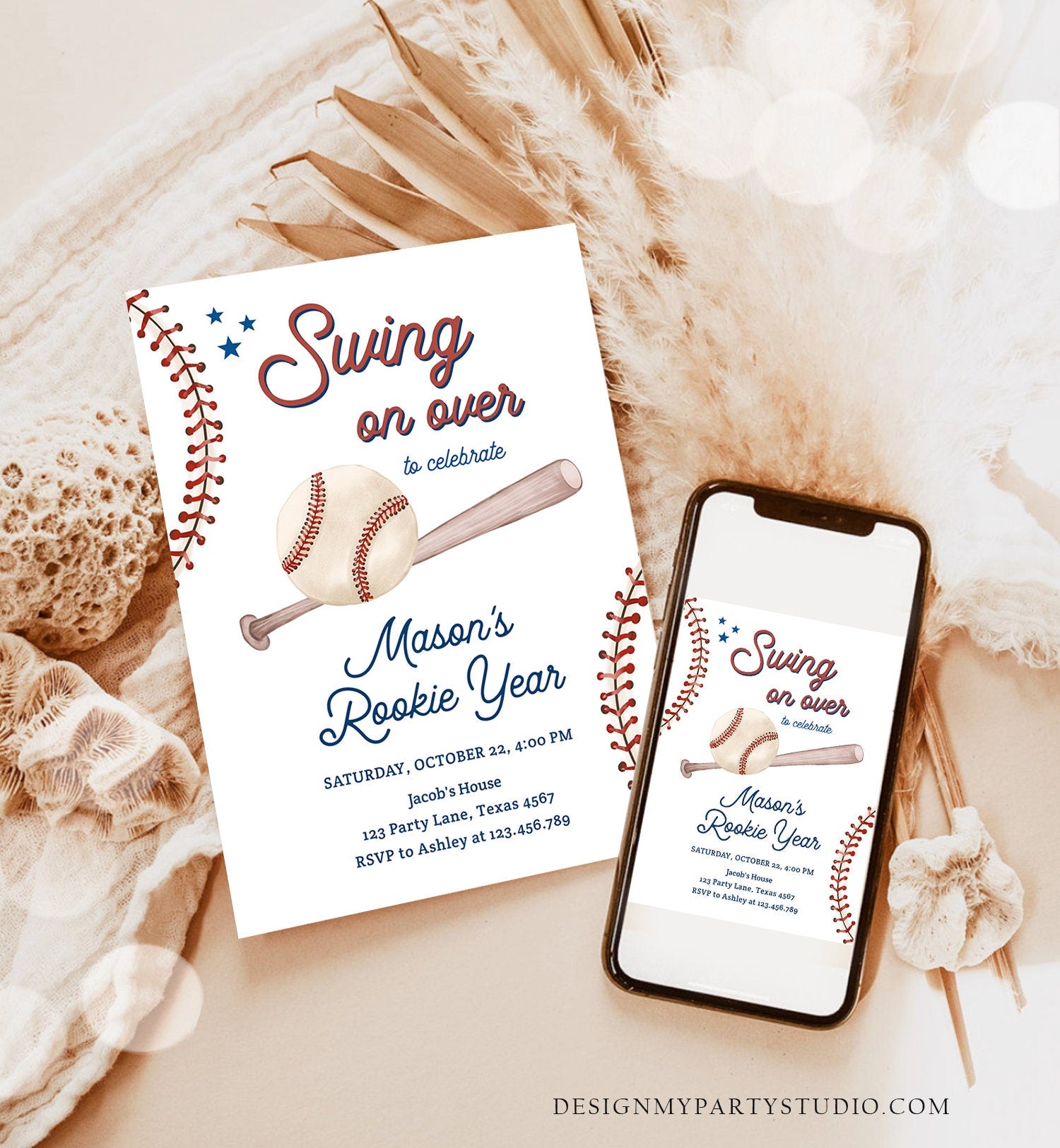 Editable Baseball First Birthday Invitation Rookie of The Year Invite Boy Birthday Little Slugger Swing Download Template Digital Corjl 0492