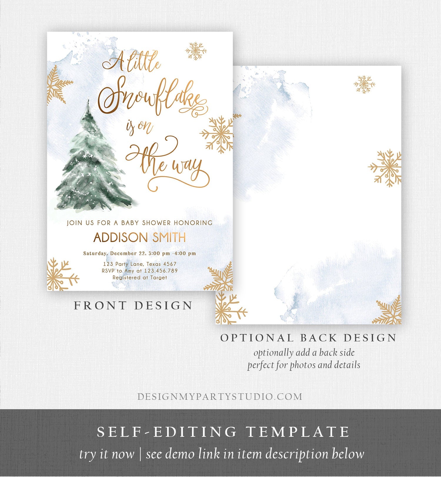 Editable Little Snowflake on The Way Baby Shower Invitation Winter Baby Shower Baby Its Cold Outside Watercolor Template Download Corjl 0363