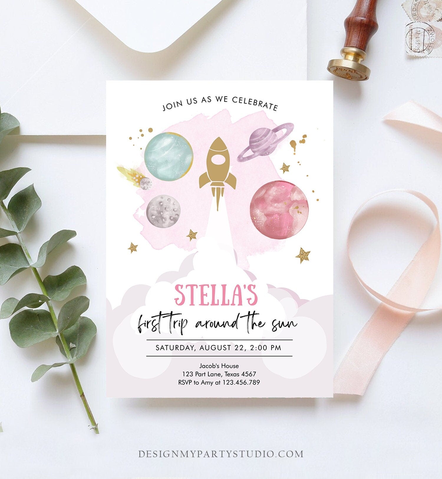 Editable Outer Space Girl First Birthday Invitation Galaxy Blast Off First Trip Around the Sun Pink Download Printable Template Corjl 0357