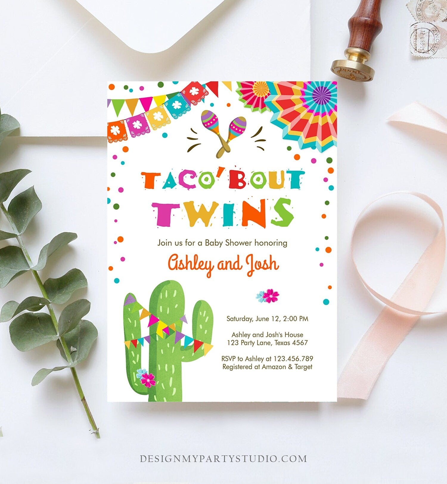 Editable Taco Bout Twins Baby Shower Invitation Cactus Chalk Mexican Fiesta Twin Couples Shower Download Template Corjl Printable 0045