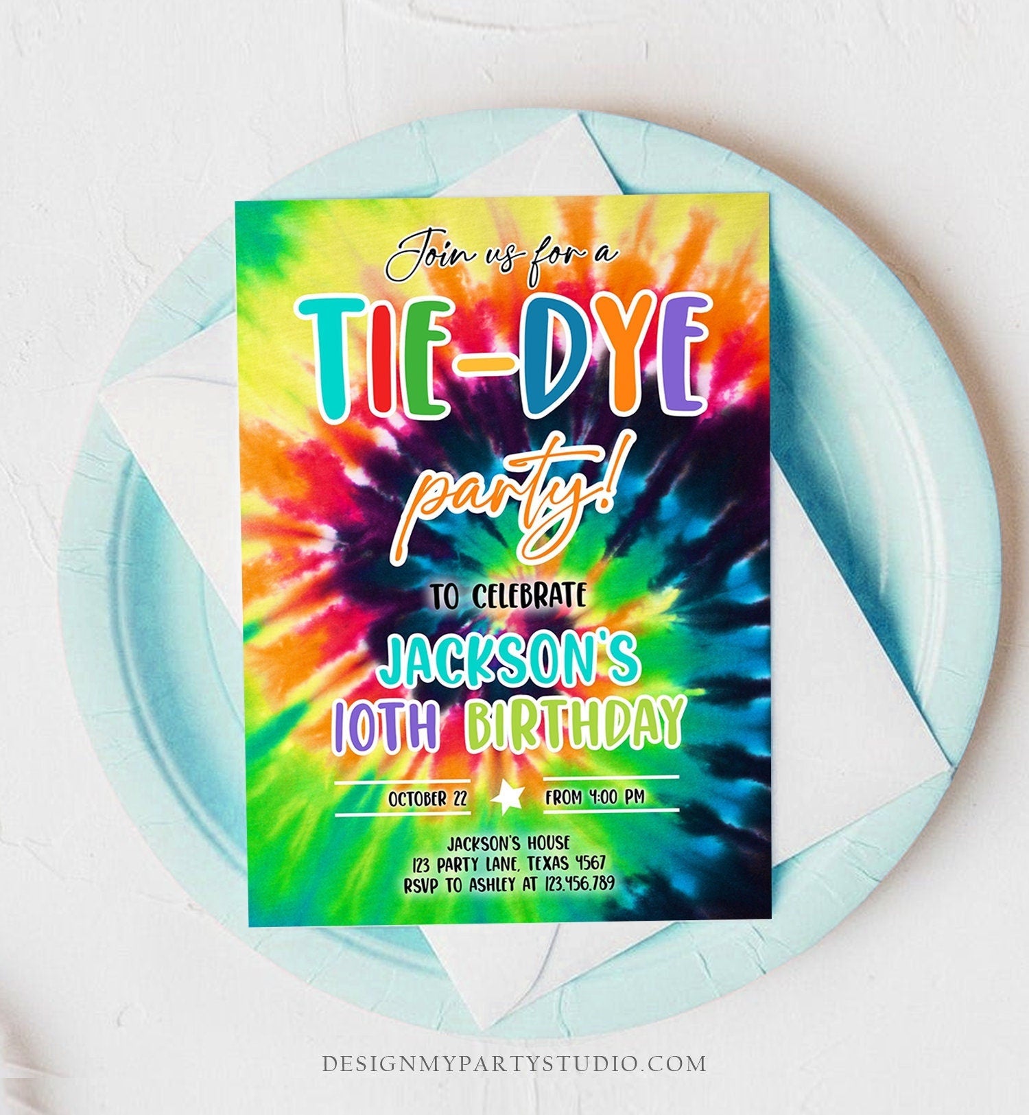 Editable Tie Dye Birthday Invitation Tie Dye Party Invite Boy Tie-Dye Birthday Rainbow Hippie Peace Tween Craft Download Corjl Template 0407