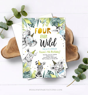 Editable Four Ever Wild Invitation Safari Animals Party Animals Boy Gold Fourth Birthday 4th Zoo Digital Corjl Template Printable 0322