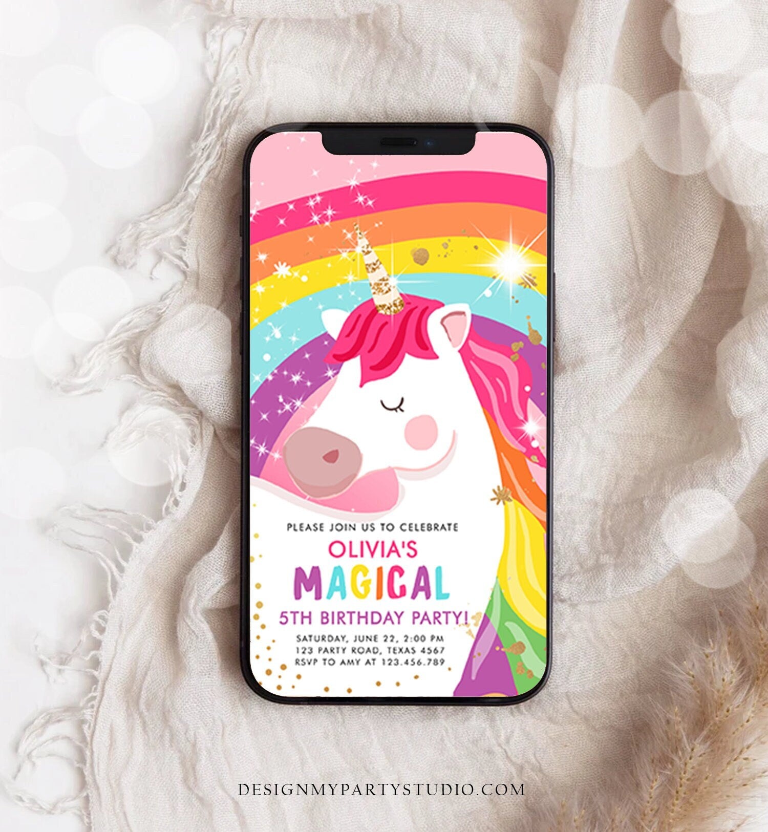 Editable Unicorn Birthday Evite Magical Unicorn Party Girl Pink Gold Unicorn Invitation Rainbow Phone Digital Corjl Template Digital 0323