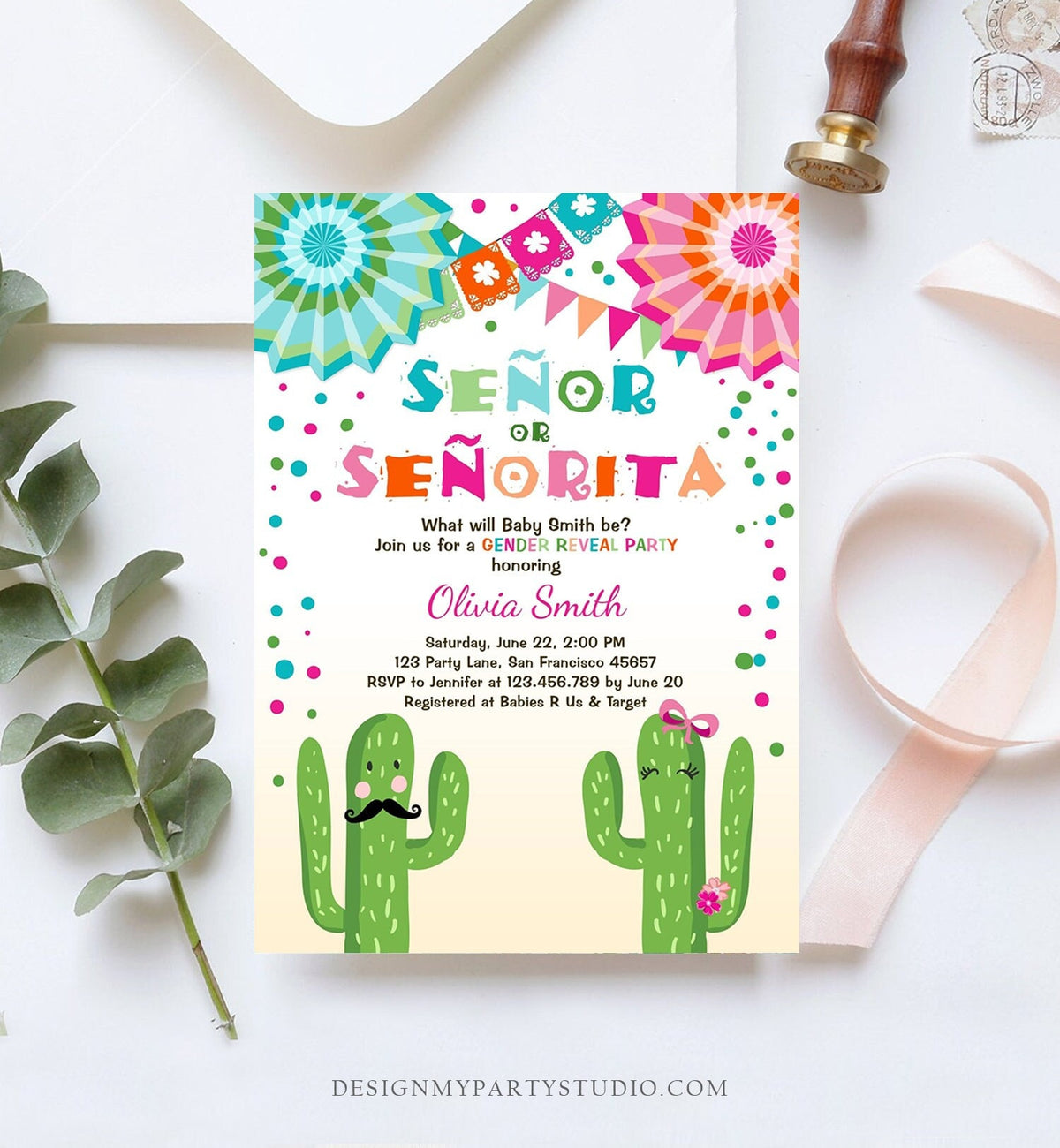 Editable Señor Or Señorita Gender Reveal Invitation Fiesta Boy or Girl Cactus Mexican Senor Senorita Blue Pink Confetti Corjl Template 0045