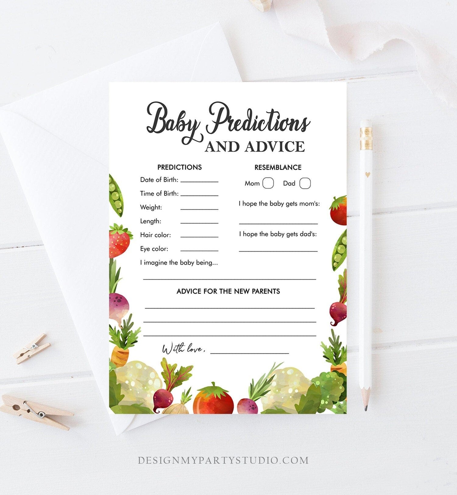 Editable Baby Predictions Baby Shower Game Advice Card Locally Grown Farmers Market Fruit Vegetables Farm Barn Corjl Template Printable 0144